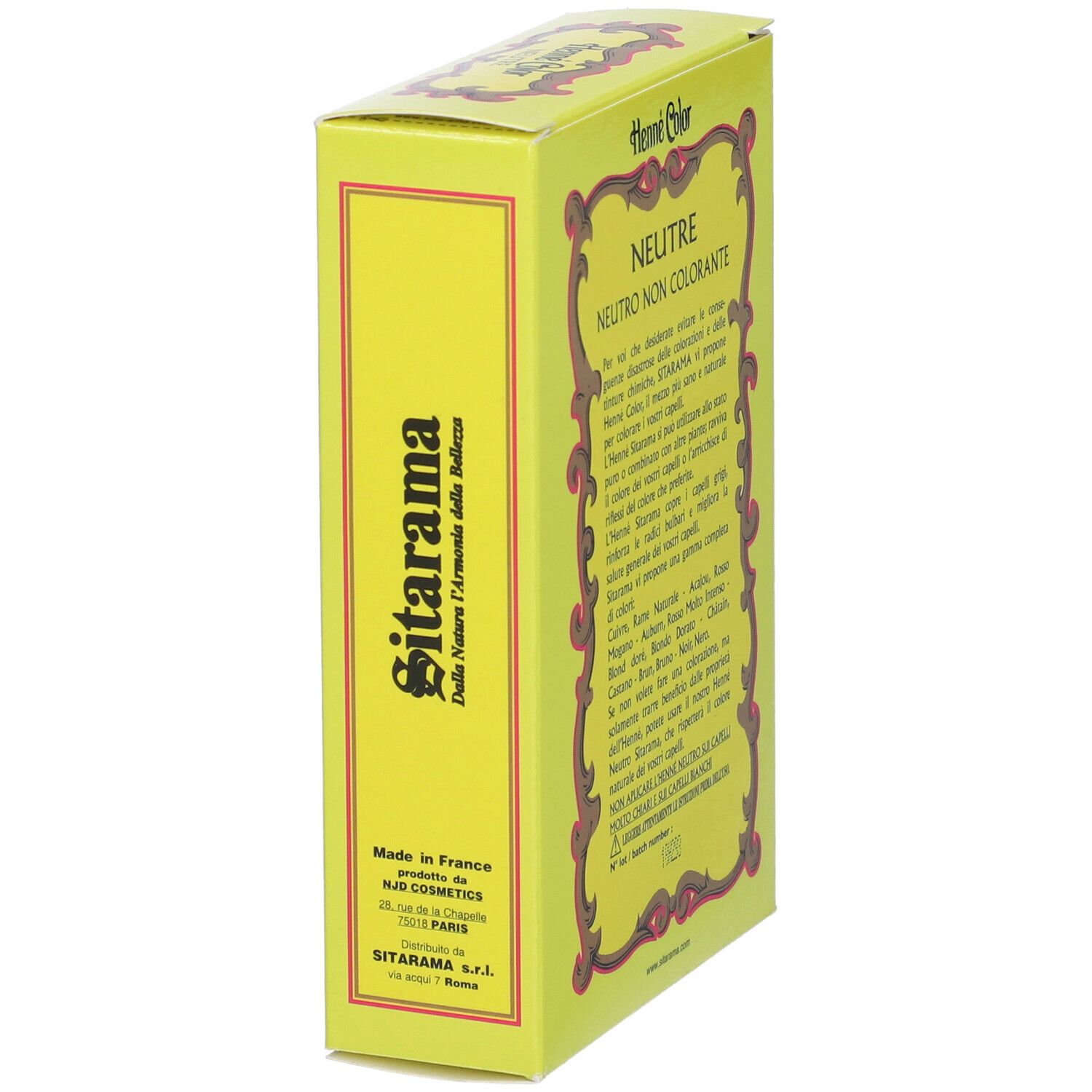 Scatola gialla Henne Color. Scritto: Neutre, testo. Prodotto in Francia.