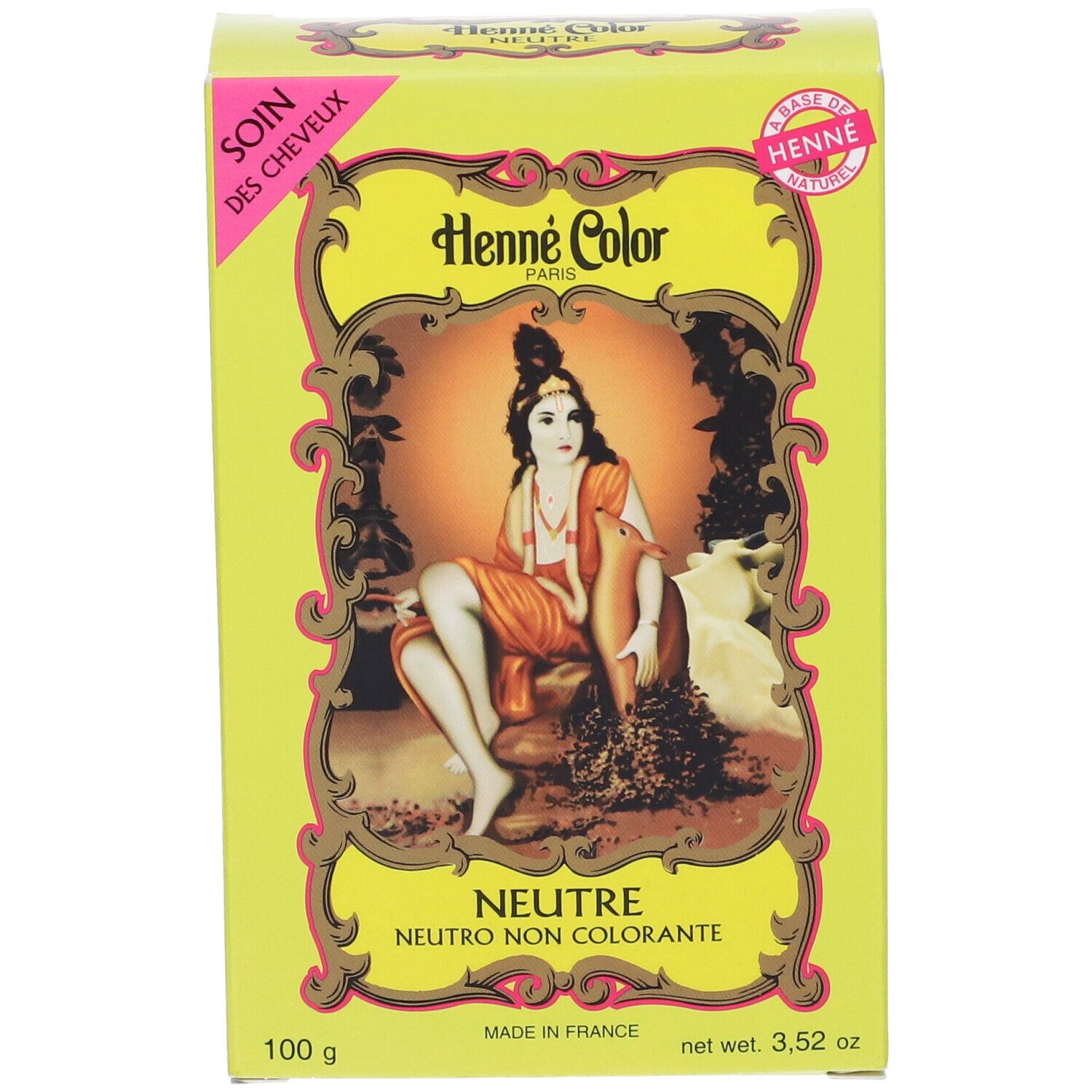 Scatola gialla Henne Color. Scritto: Neutre, 100 g, illustrazione di donna. Prodotto in Francia.