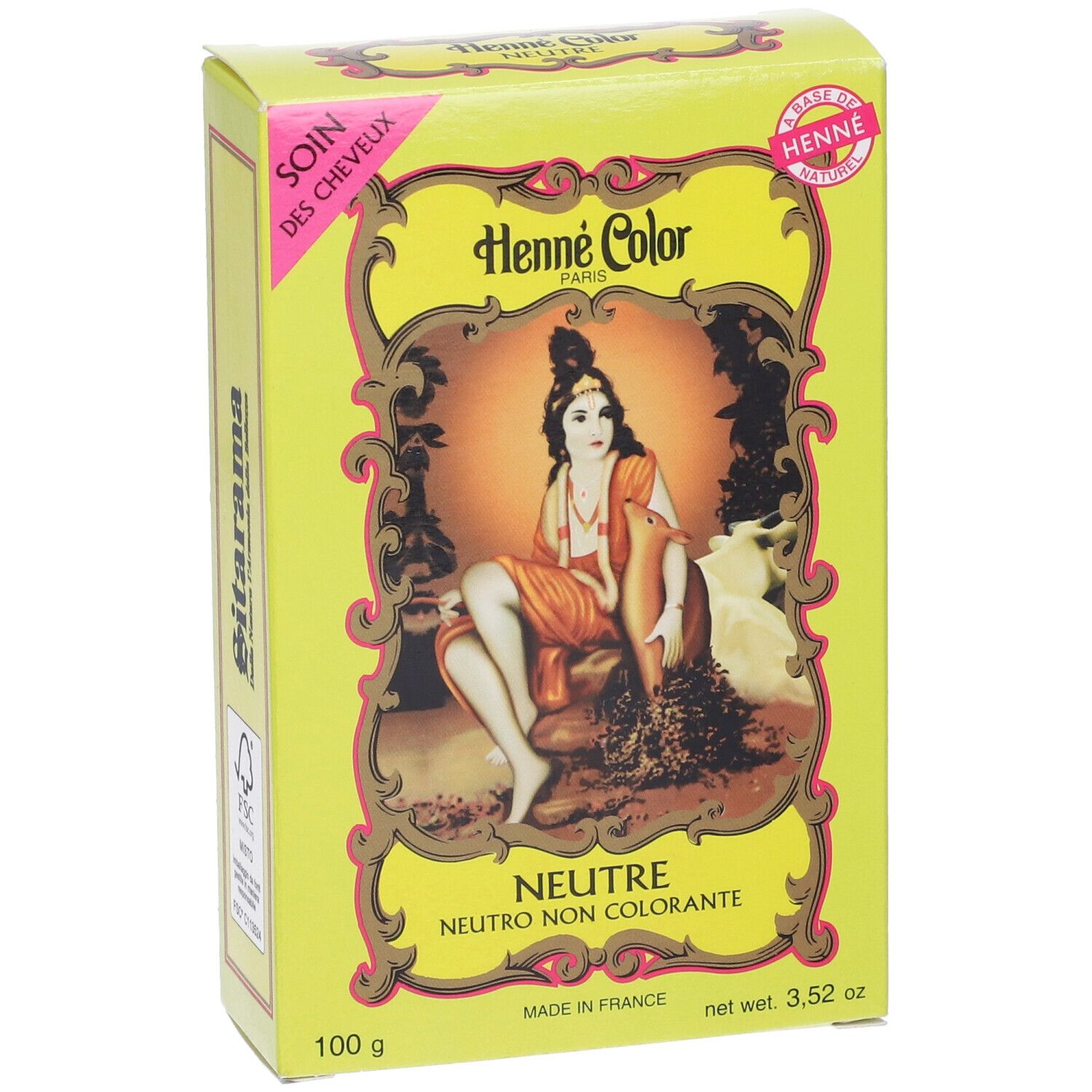 Scatola gialla Henne Color. Scritto: Neutre, 100 g, illustrazione di donna. Prodotto in Francia.