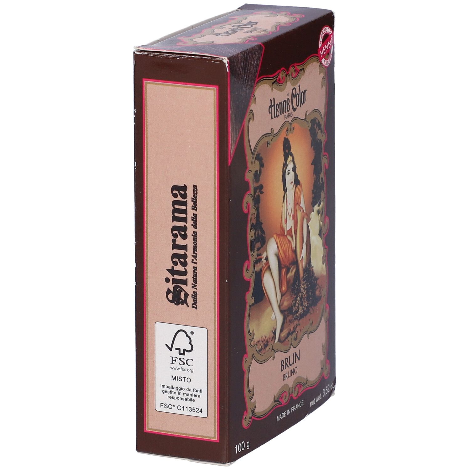 Lato di confezione di hennè marrone con testo e logo FSC. Testo: Sitarama, FSC Misto.