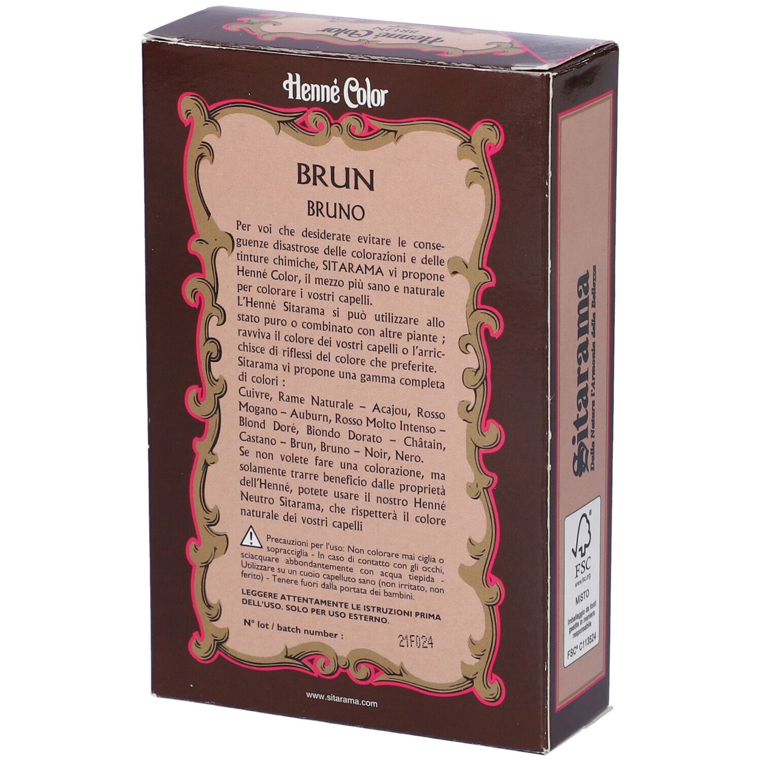 Retro della confezione di hennè marrone con testo. Testo: Brun, Sitarama, ingredienti, precauzioni.