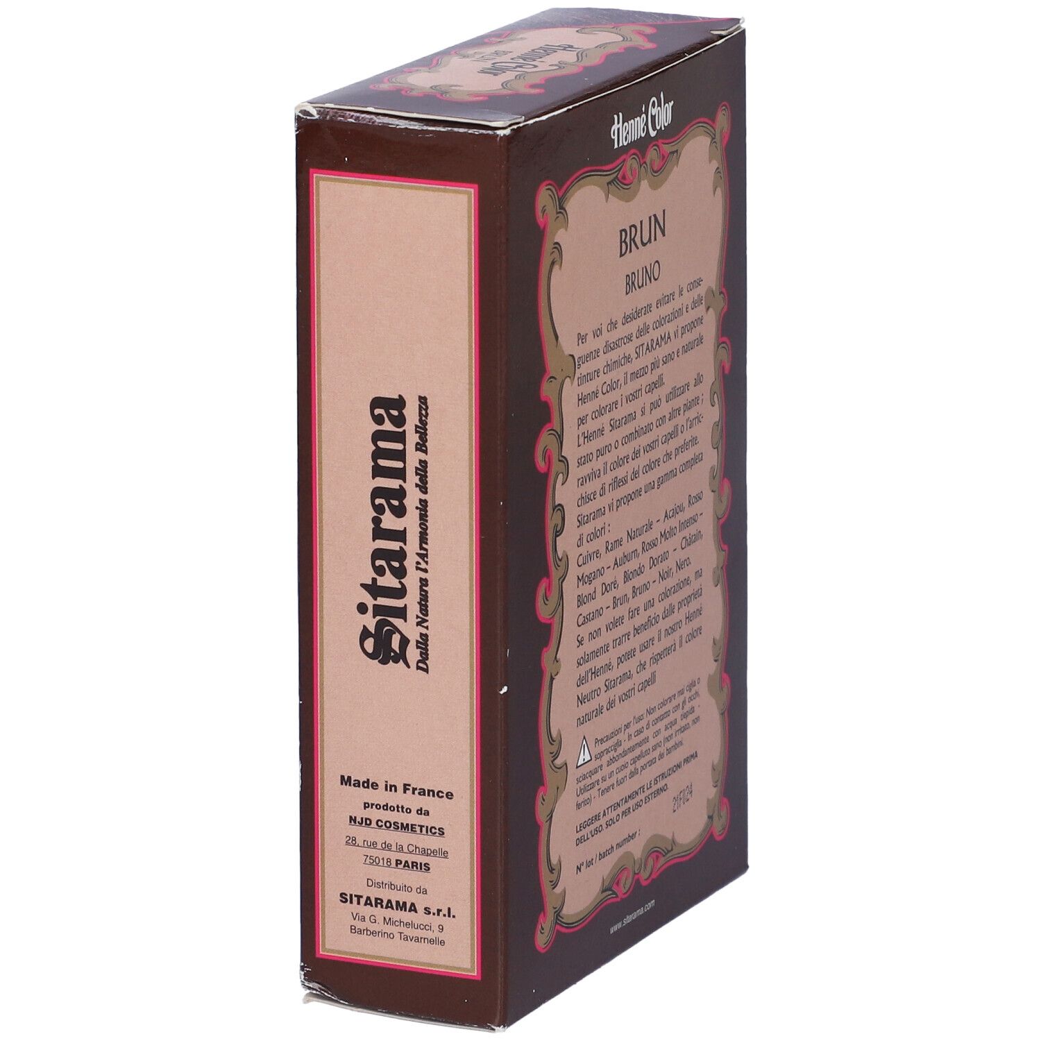 Lato della confezione di hennè marrone con testo. Testo: Sitarama, Made in France, ingredienti.