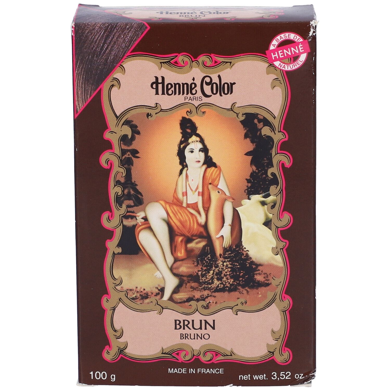 Confezione di hennè marrone con illustrazione di donna. Testo: Henne Color, Brun, 100 g, Made in France.