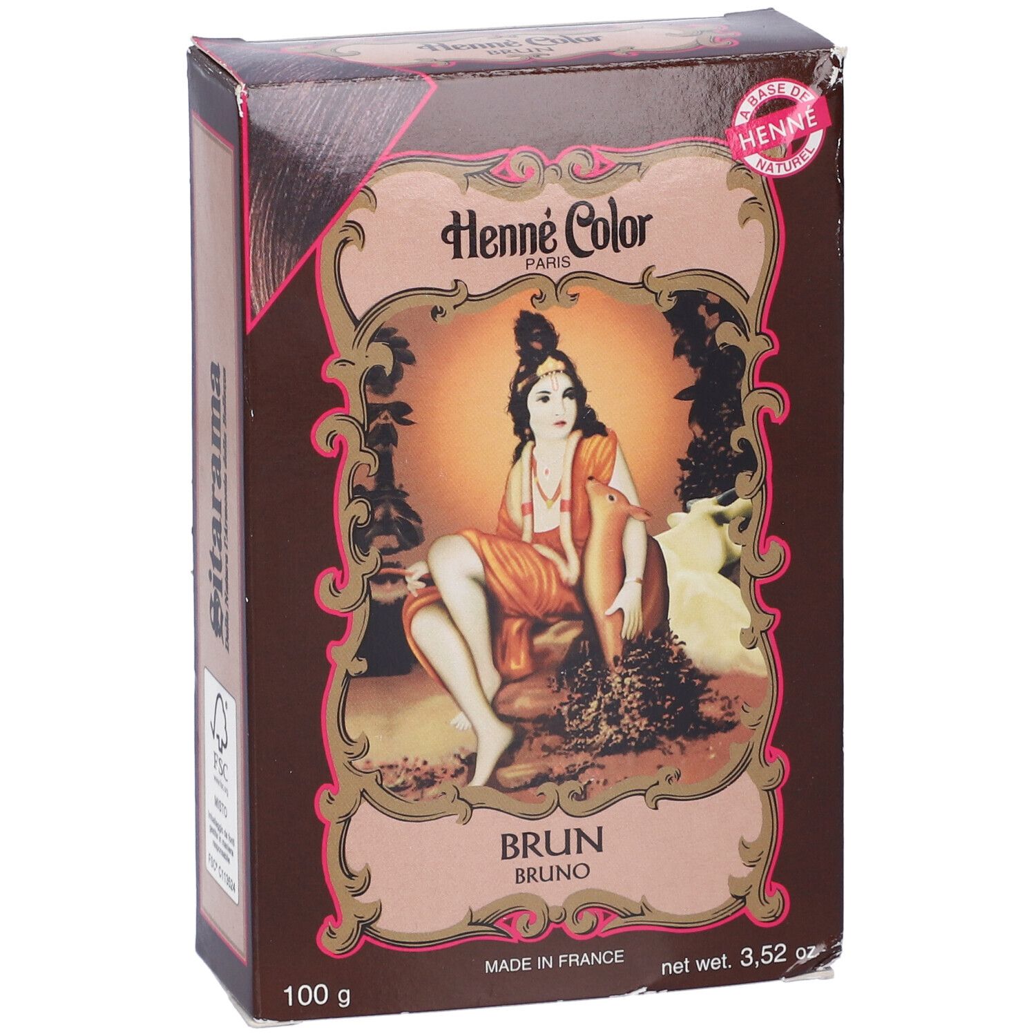 Confezione di hennè marrone con illustrazione di donna. Testo: Henne Color, Brun, 100 g, Made in France.