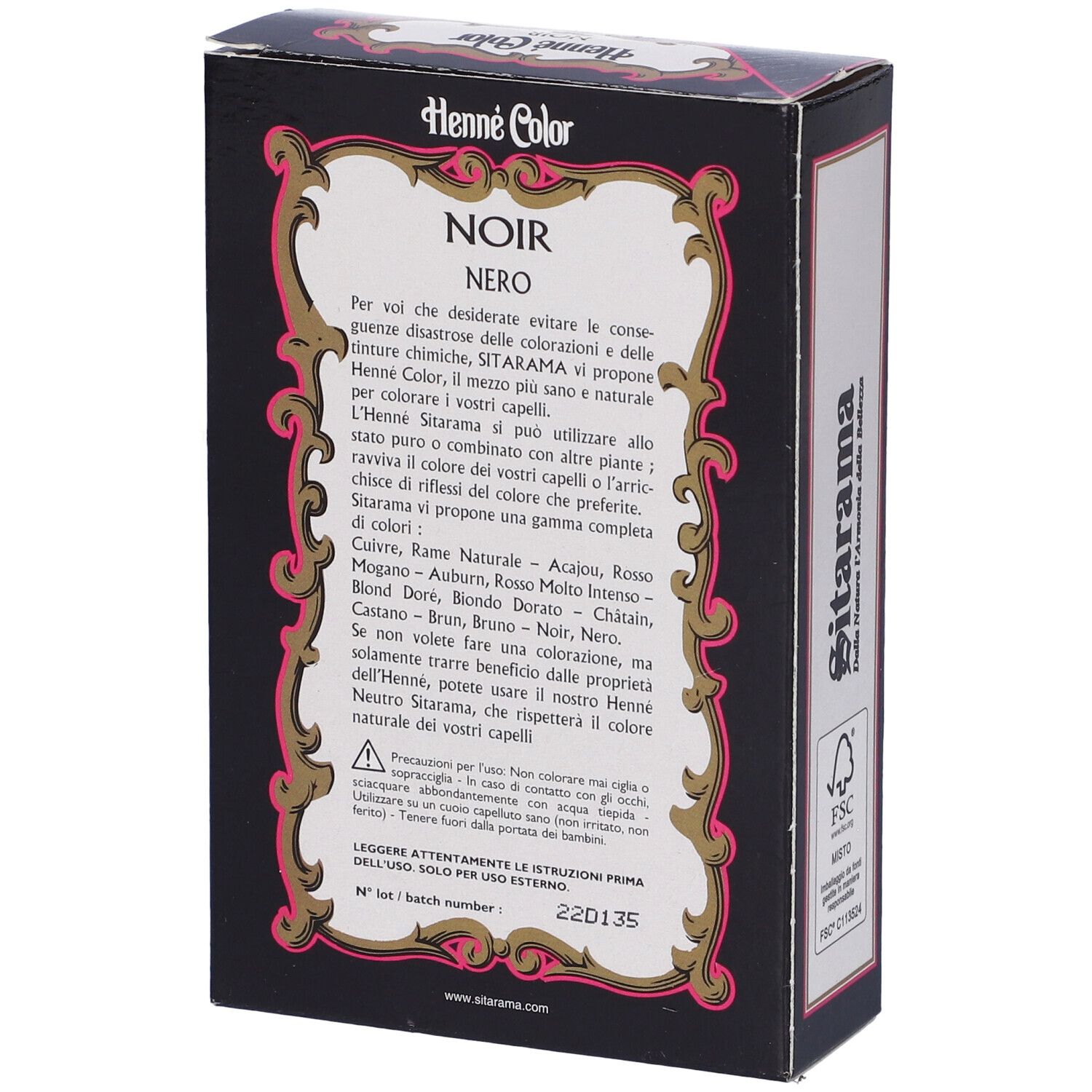 Retro di una scatola nera di colorante per capelli all'henné. Testo: Noir, Nero, ingredienti, numero di lotto, Sitarama.