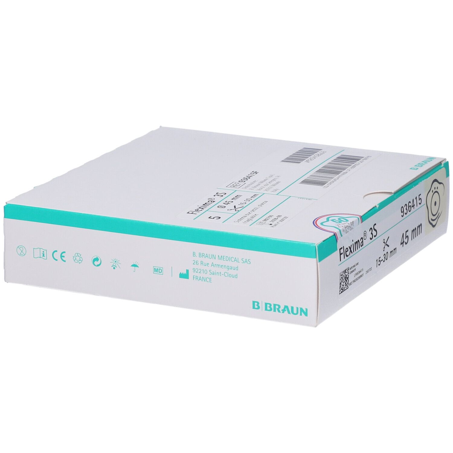 Confezione bianca con dettagli verdi. Informazioni prodotto e logo. Vista prospettica.