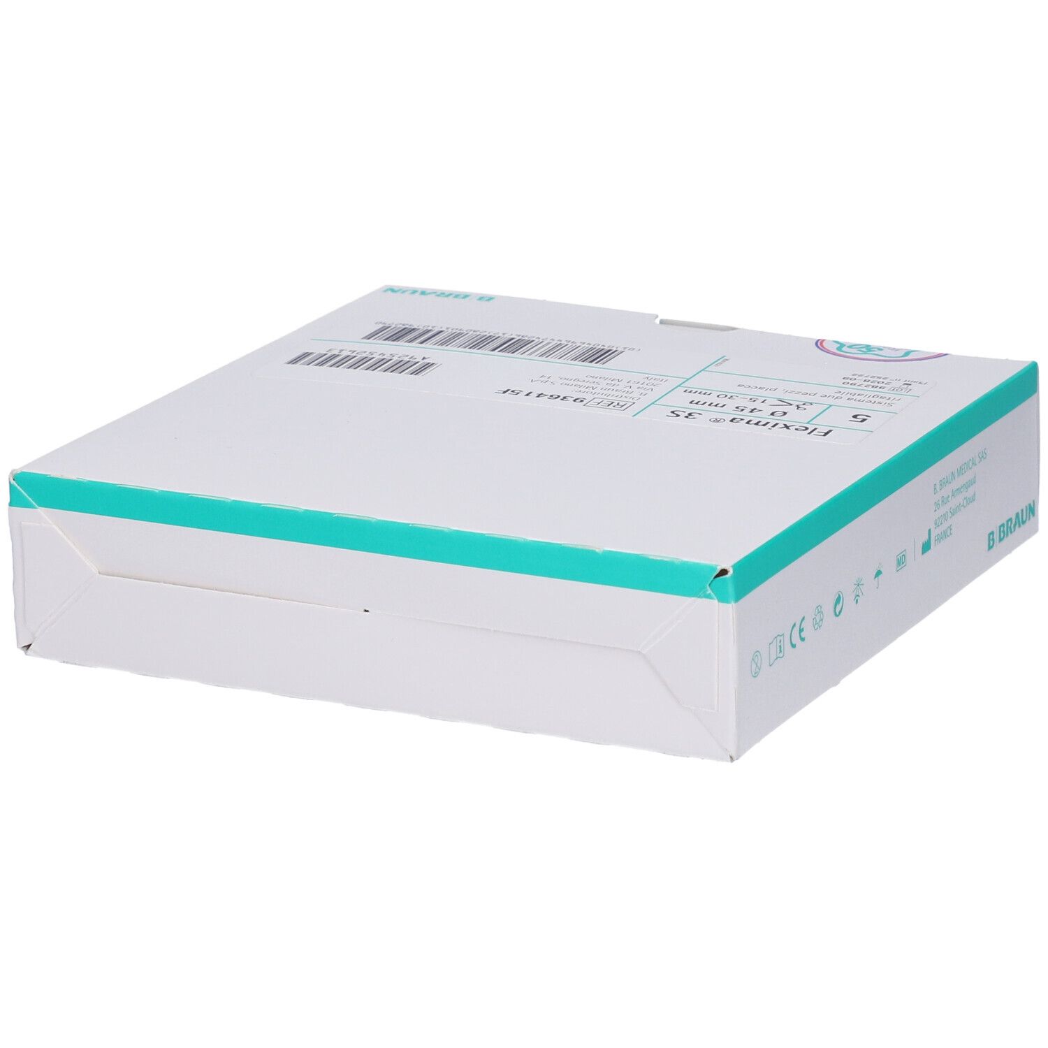 Confezione bianca con dettagli verdi. Vista prospettica. Informazioni prodotto.