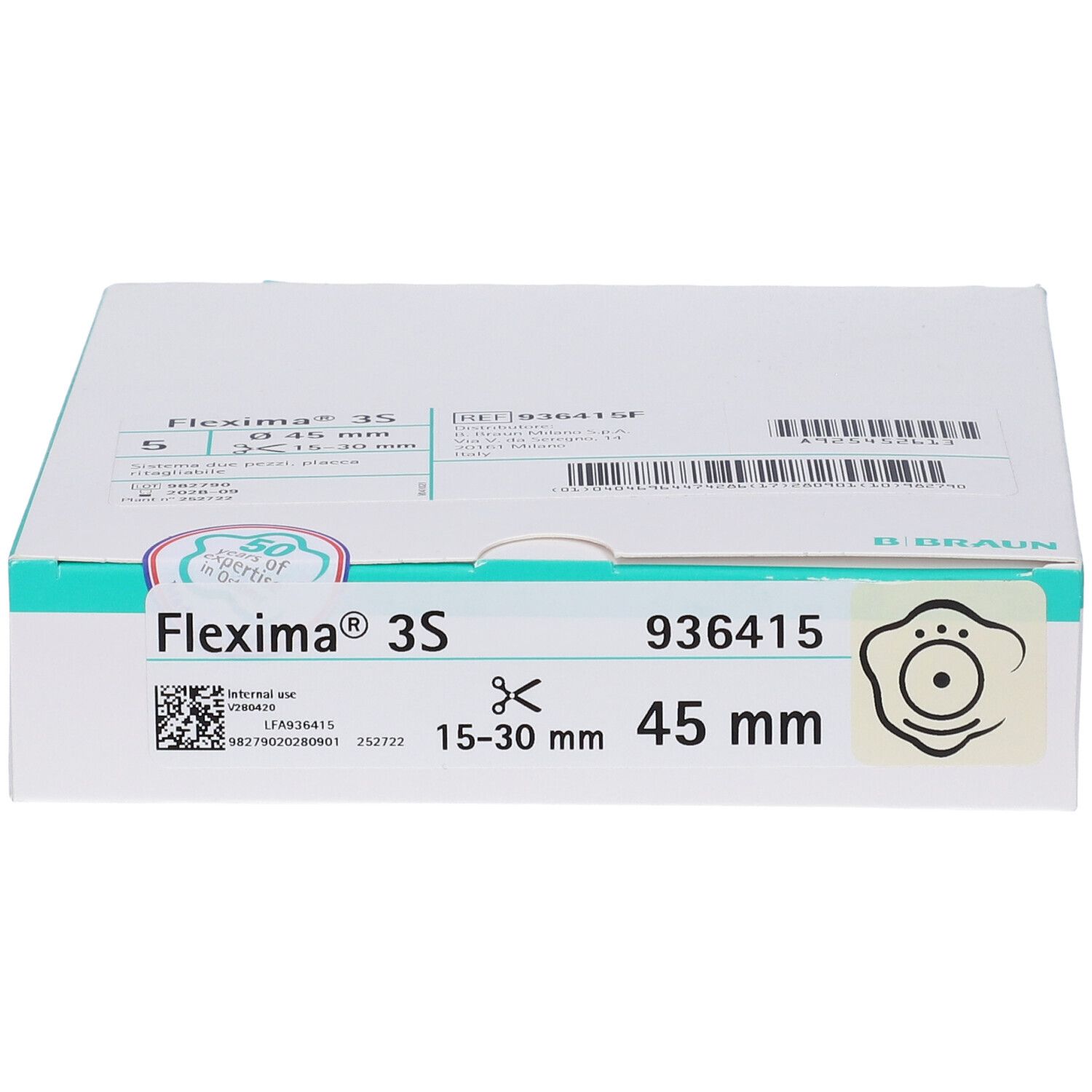 Confezione bianca con dettagli verdi. Scritta Flexima 3S, 15-30 mm, 45 mm. Logo e informazioni prodotto.