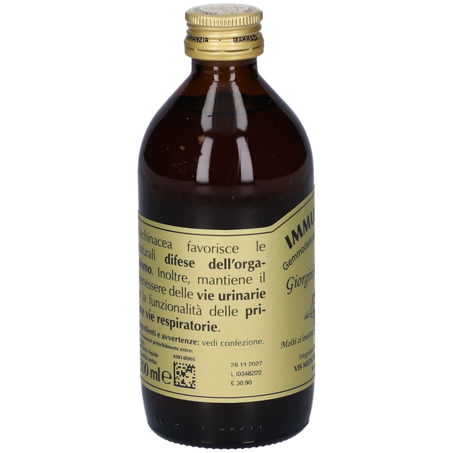 Bottiglia di vetro marrone con etichetta. Testo sugli ingredienti e l'uso.