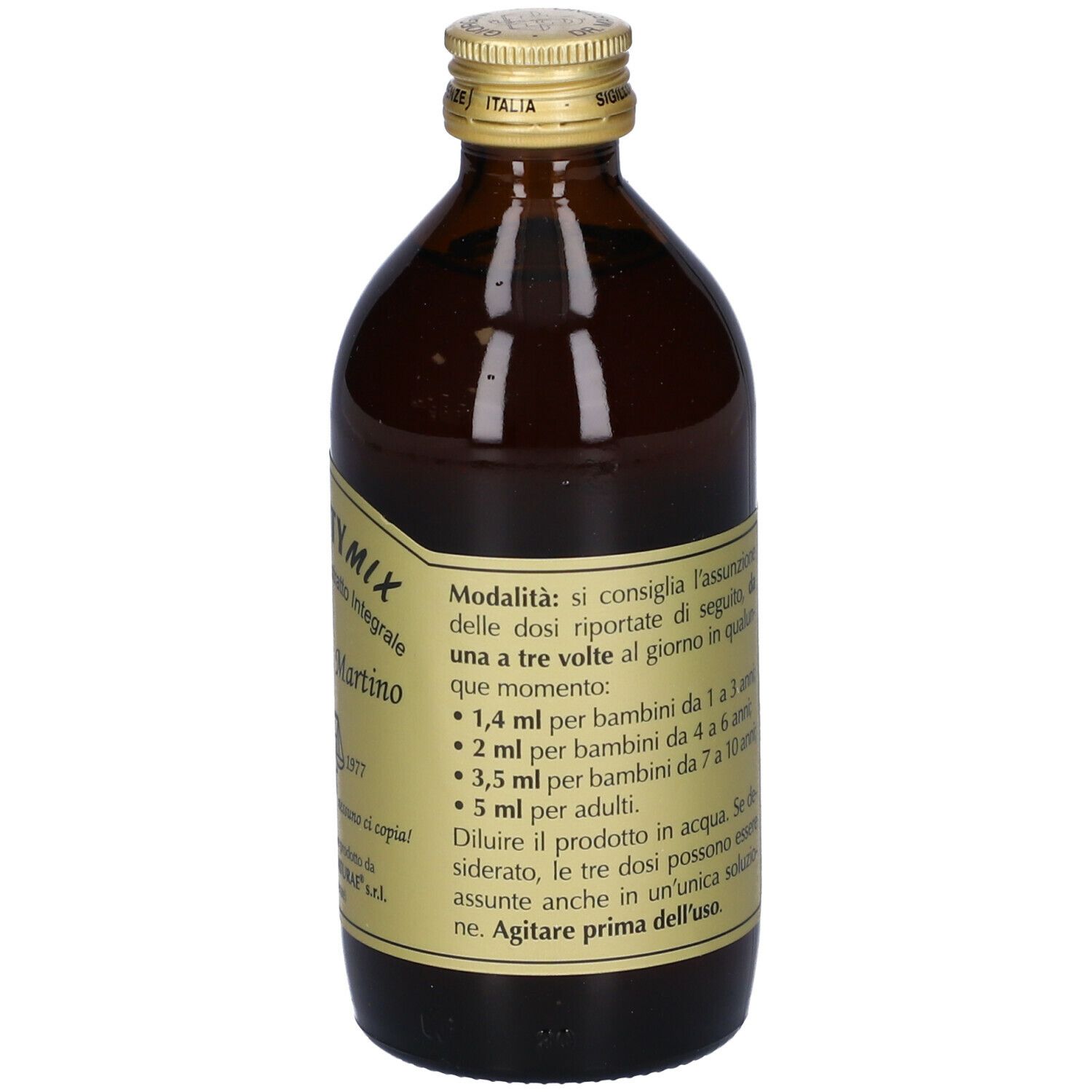 Bottiglia di vetro marrone con etichetta. Testo sul dosaggio per bambini e adulti.