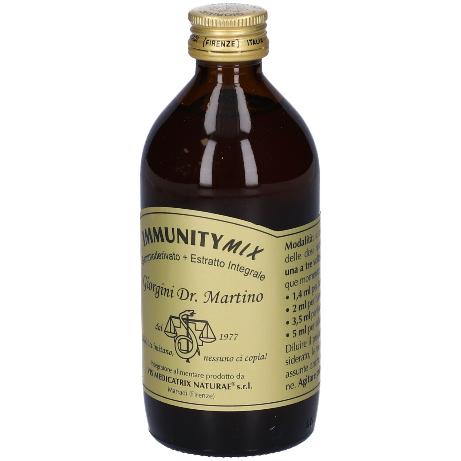 Bottiglia di vetro marrone con etichetta. Testo sugli ingredienti e l'uso.