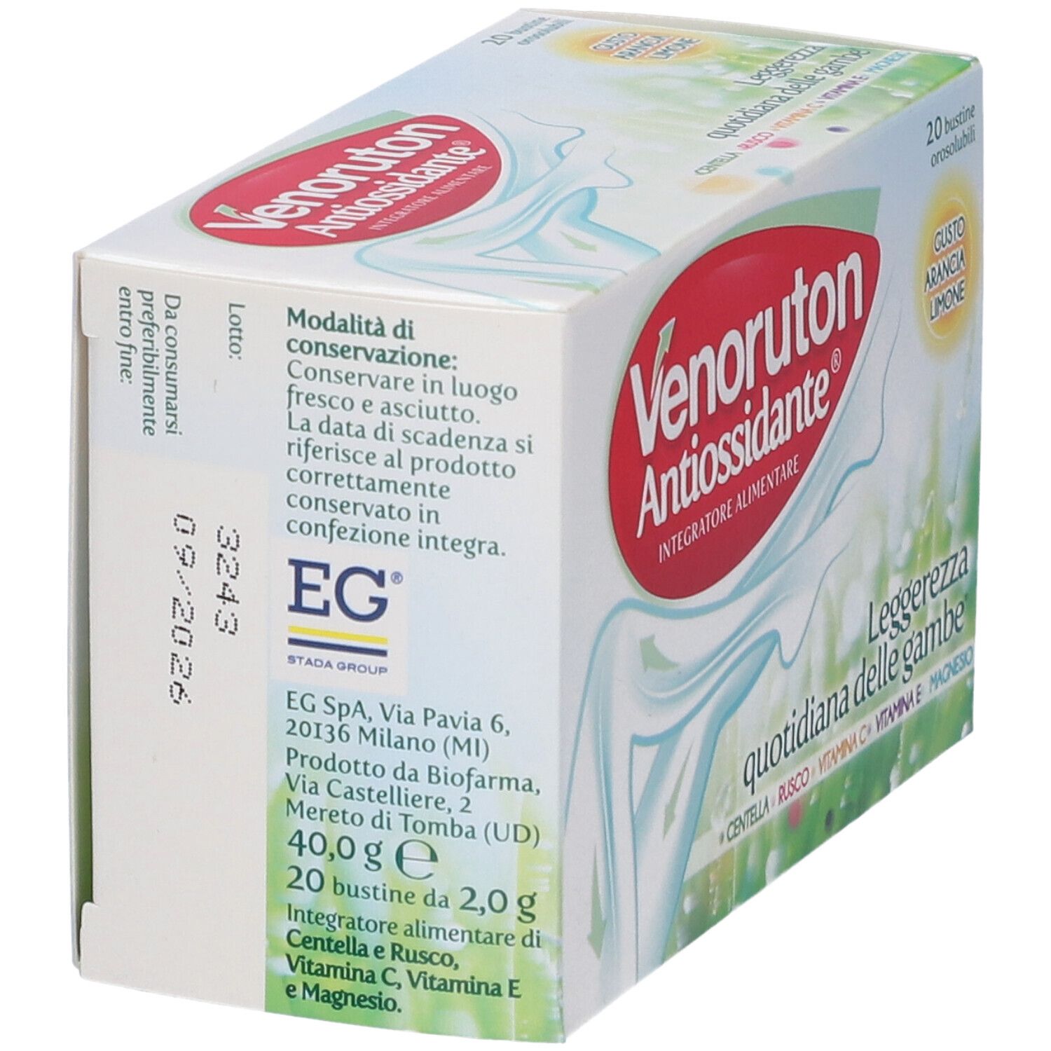 Confezione di Venoruton Antiossidante. Scatola bianca con nome del prodotto, ingredienti e logo. 20 bustine.