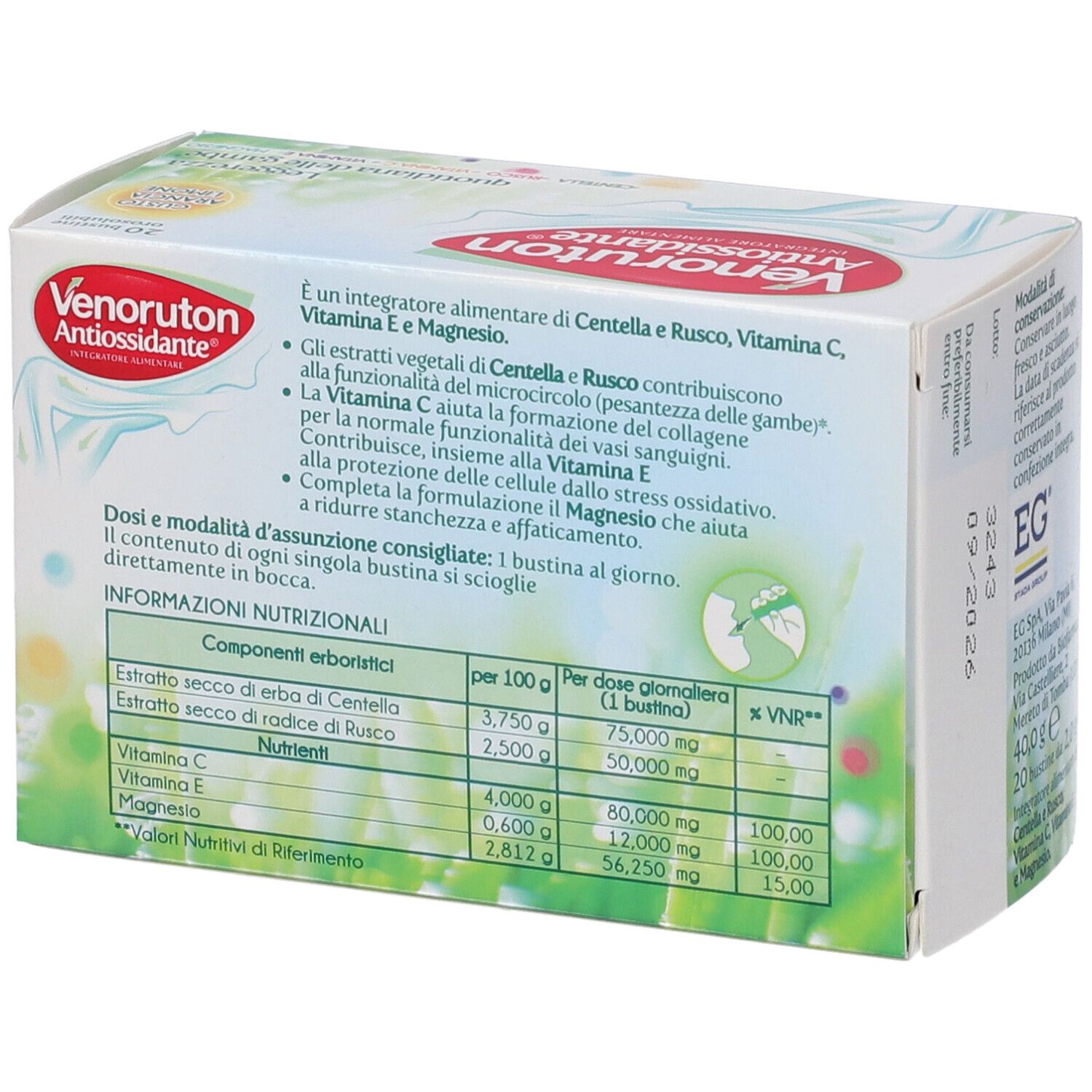 Confezione di Venoruton Antiossidante. Testo con ingredienti e informazioni nutrizionali. Sfondo bianco con accenti verdi.