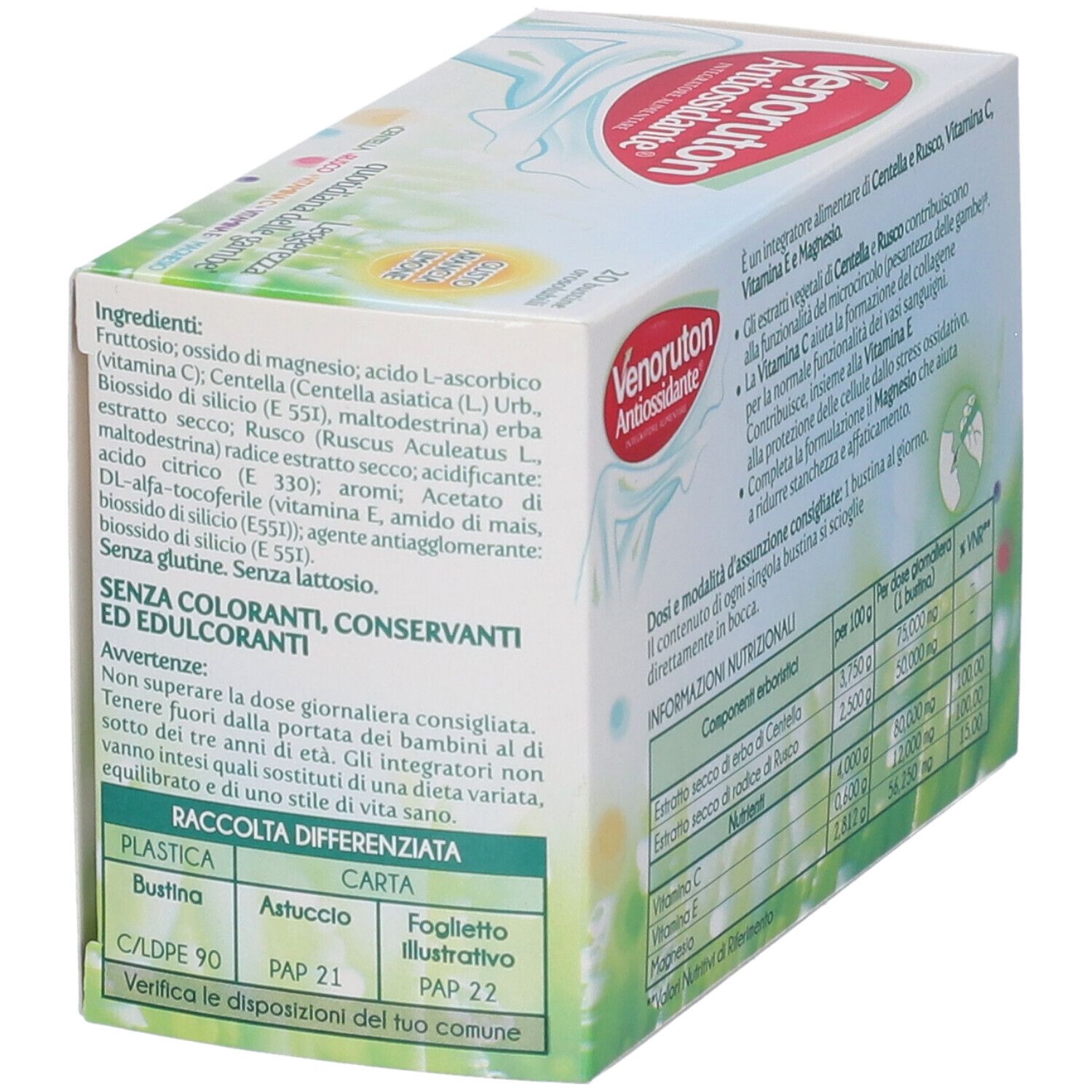 Confezione di Venoruton Antiossidante. Testo con ingredienti e avvertenze. Sfondo bianco con accenti verdi.