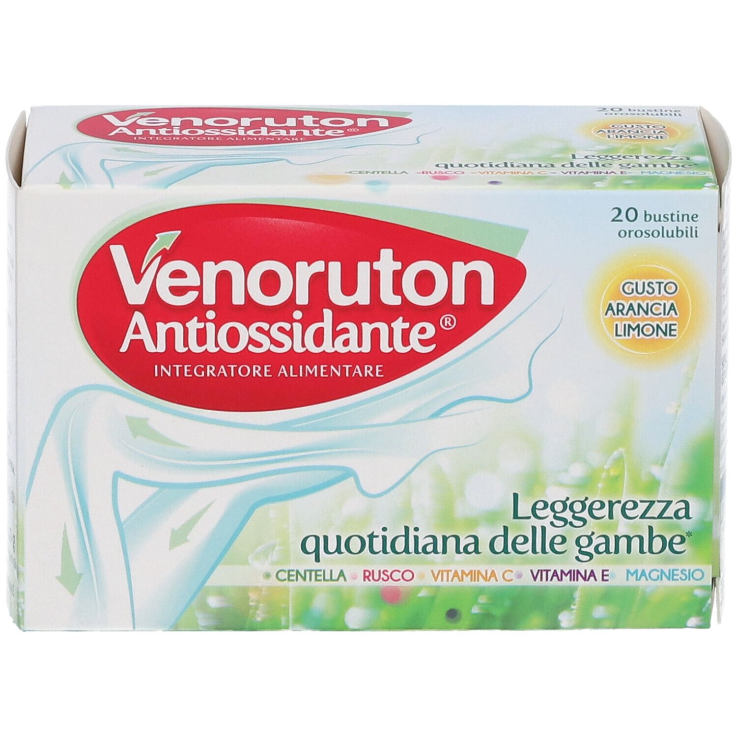 Confezione di Venoruton Antiossidante. Scritta rossa e bianca. 20 bustine. Gusto arancia limone. Sfondo verde e bianco.