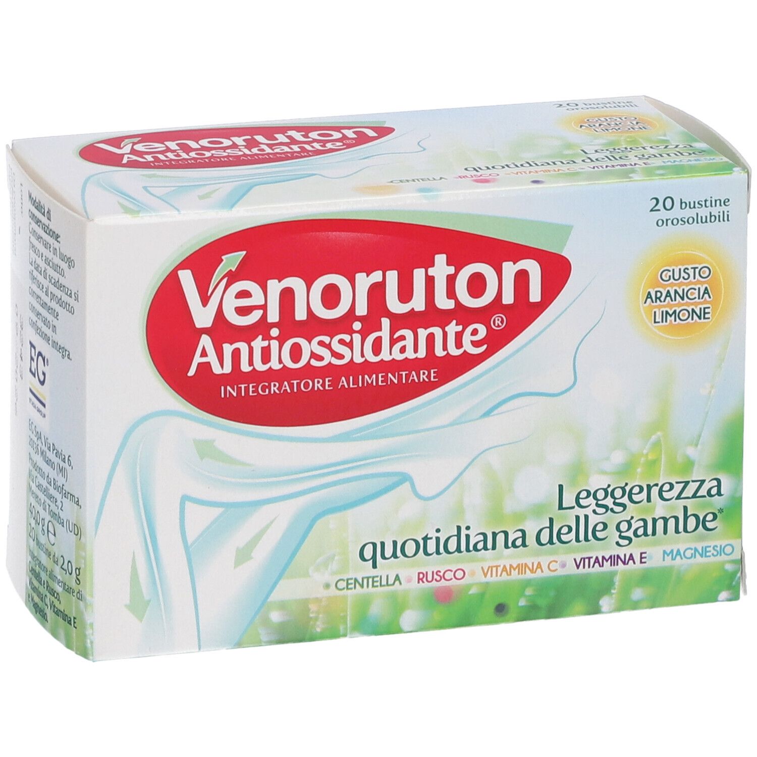 Confezione di Venoruton Antiossidante. Scritta rossa e bianca. 20 bustine. Gusto arancia limone. Sfondo verde e bianco.