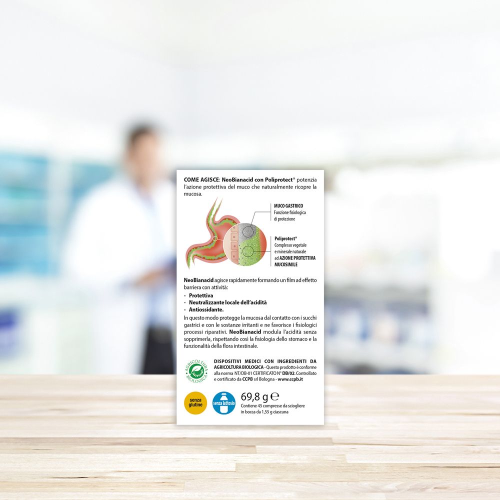 Retro della scatola neo Bianacid compresse masticabili. Testo e diagramma.