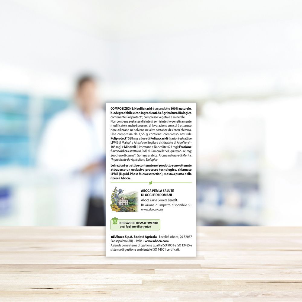 Retro della scatola neo Bianacid compresse masticabili. Testo e diagramma.