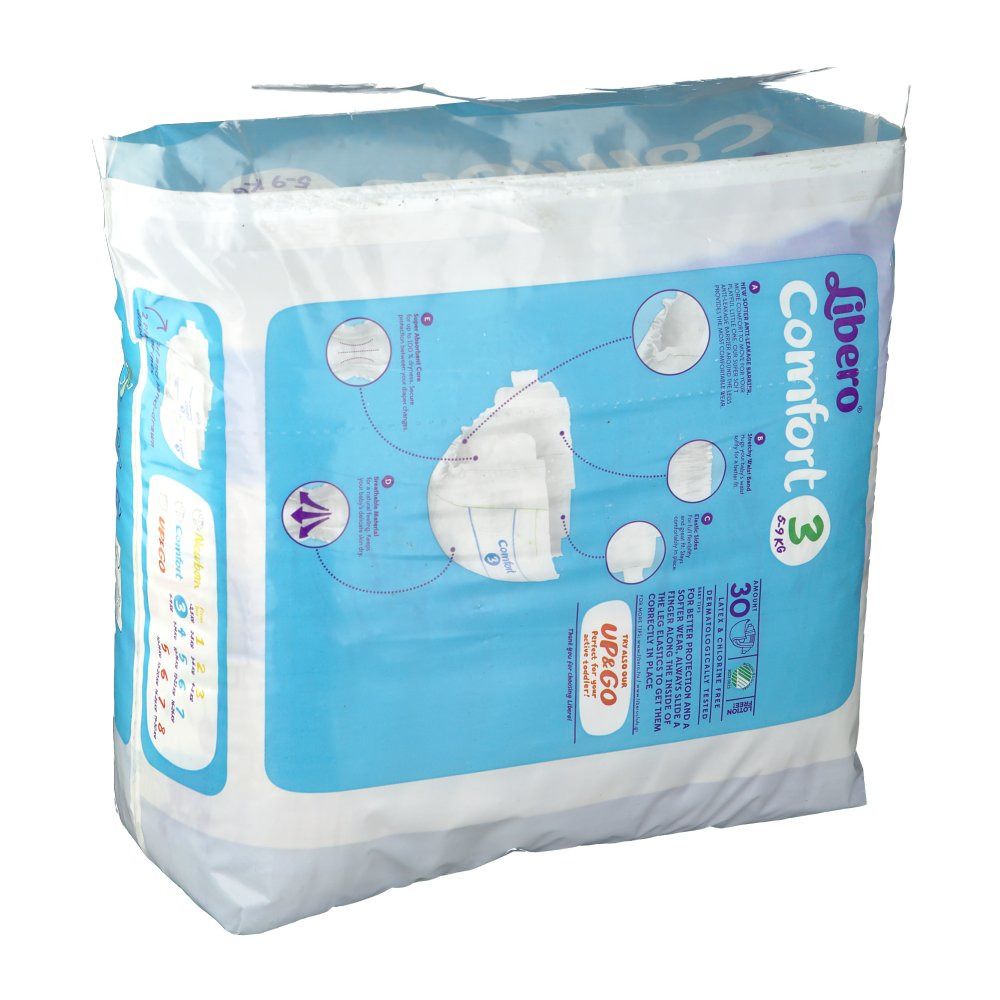 Confezione di pannolini Libero Comfort 3. Loghi e informazioni sulla confezione. Scritta: Libero Comfort 3, 30 pezzi. Imballaggio in plastica.