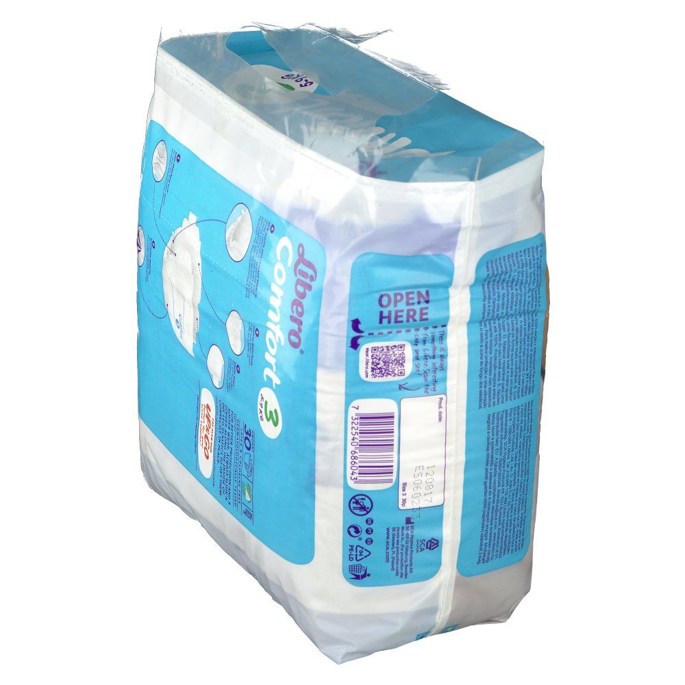 Confezione di pannolini Libero Comfort 3. Scritta: Libero Comfort 3, 30 pezzi. Loghi e informazioni sulla confezione. Imballaggio in plastica.
