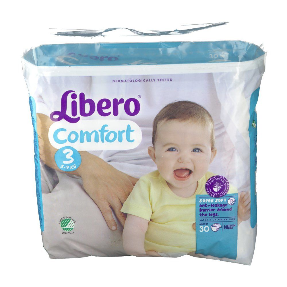 Confezione di pannolini Libero Comfort 3. Immagine di un bambino sulla confezione. Scritta: Libero Comfort 3, 30 pezzi. Loghi e informazioni sulla confezione.