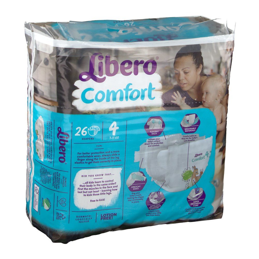 Confezione di pannolini Libero Comfort, taglia 4, 7-11 kg. 26 pezzi. Confezione blu e bianca con immagine di bambino. Scritta: 26 pannolini.