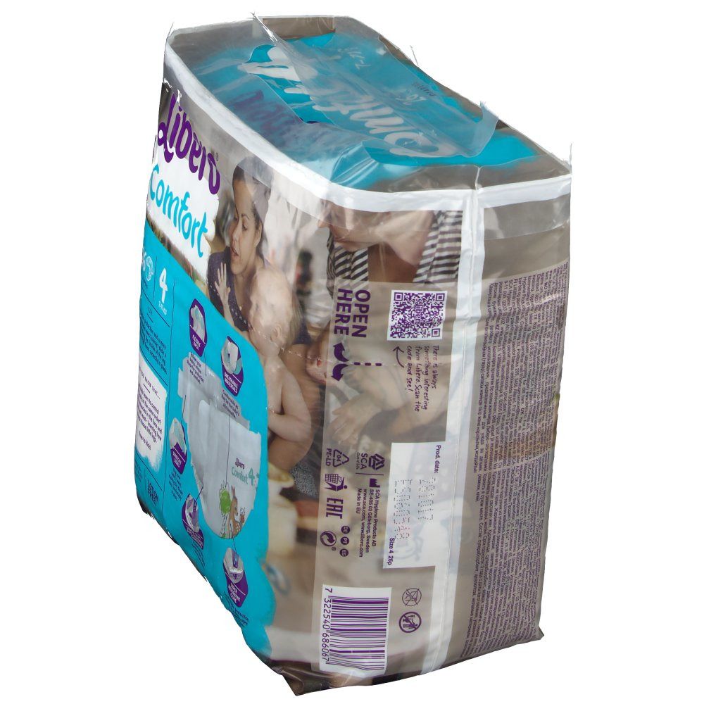 Confezione di pannolini Libero Comfort, taglia 4, 7-11 kg. 26 pezzi. Confezione blu e bianca con immagine di bambino. Scritta: 26 pannolini.