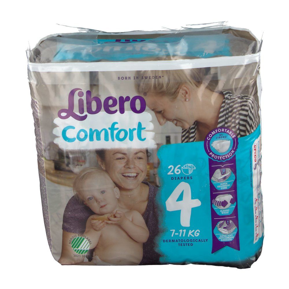 Confezione di pannolini Libero Comfort, taglia 4, 7-11 kg. 26 pezzi. Confezione blu e bianca con immagine di bambino. Scritta: Testato dermatologicamente.