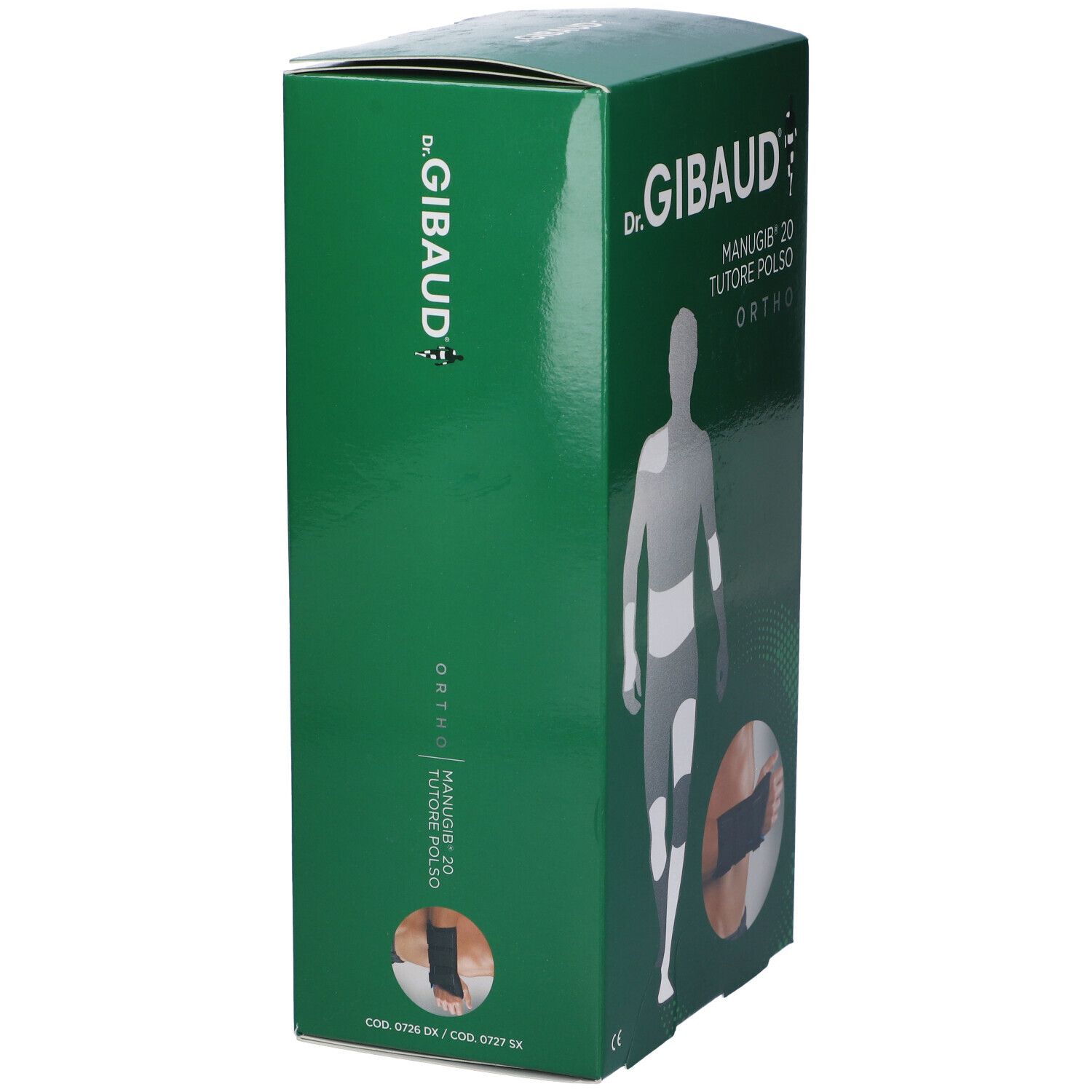 Confezione verde di Dr. Gibaud Manugib 20 Ortho. Vista laterale con nome e logo. Illustrazione di un tutore per polso.