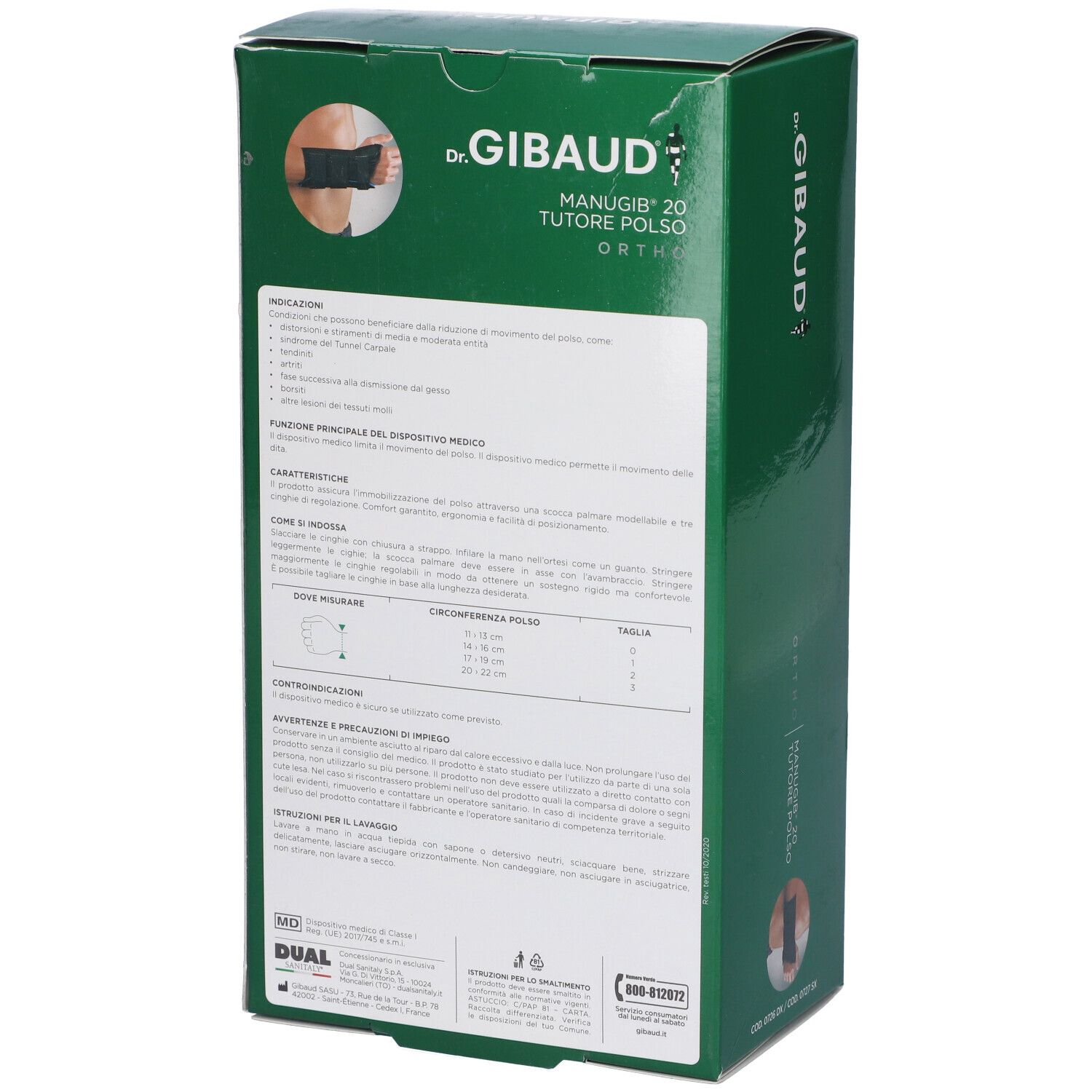 Retro della confezione verde Dr. Gibaud Manugib 20 Ortho. Informazioni testuali e indicazioni di taglia. Logo e certificazioni.