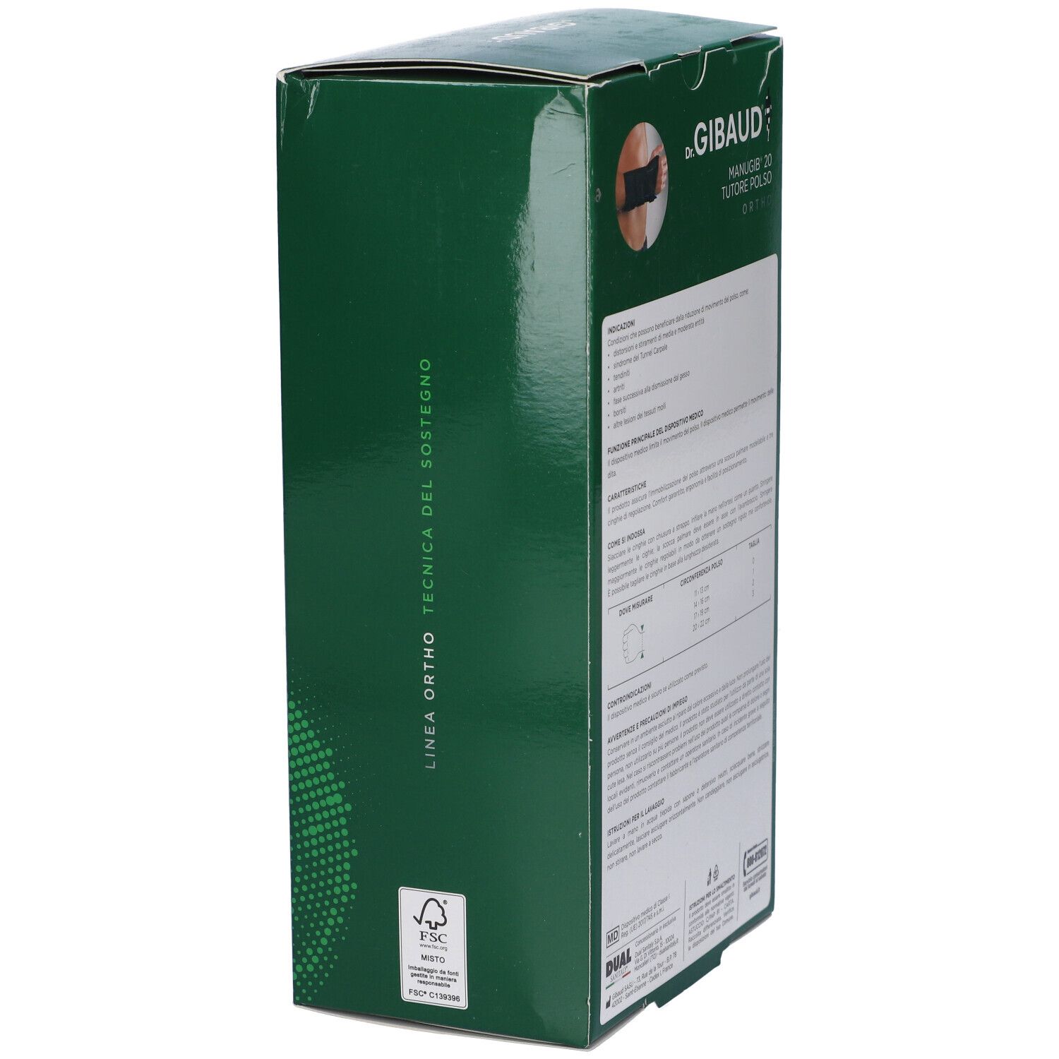Vista laterale della confezione verde Dr. Gibaud Manugib 20 Ortho. Informazioni testuali e loghi. Certificazione FSC.