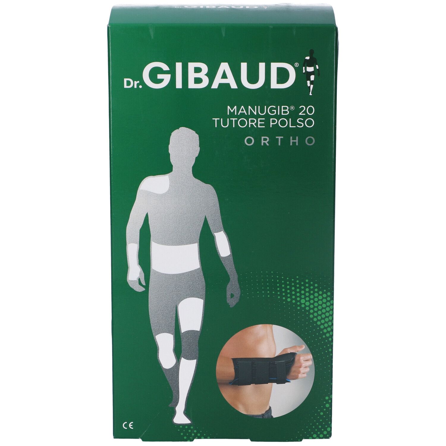 Fronte della confezione verde Dr. Gibaud Manugib 20 Ortho. Nome del prodotto, logo e illustrazione di un tutore per polso.