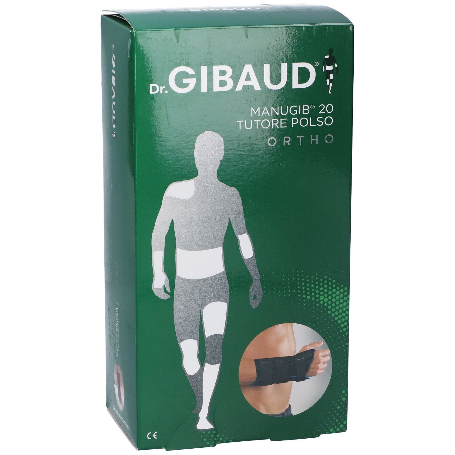 Fronte della confezione verde Dr. Gibaud Manugib 20 Ortho. Nome del prodotto, logo e illustrazione di un tutore per polso.