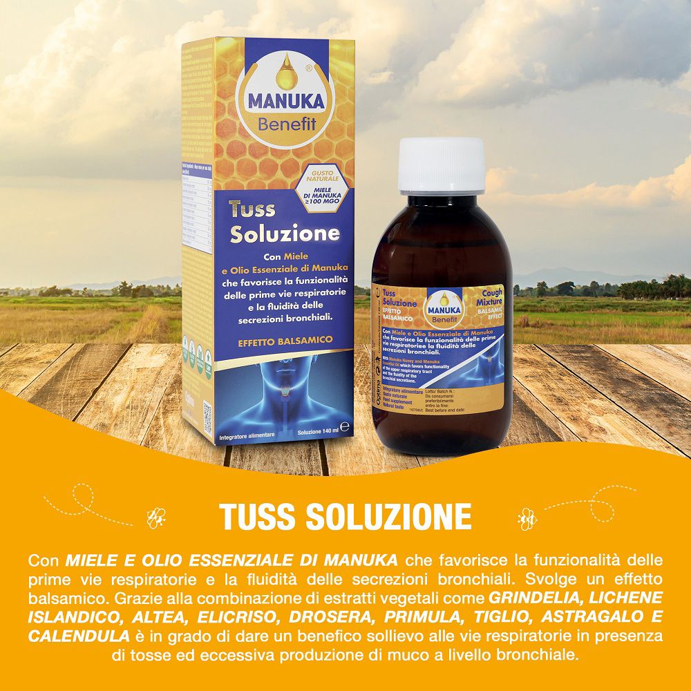 Flacone e scatola di Manuka Benefit Tuss Soluzione all'aperto. Con miele e olio essenziale di Manuka.