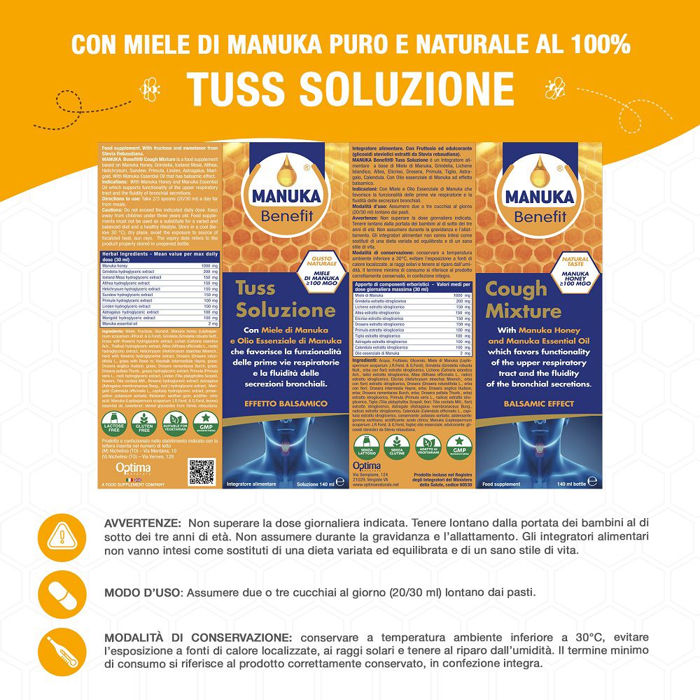 Confezione aperta di Manuka Benefit Tuss Soluzione con informazioni sul prodotto e avvertenze.