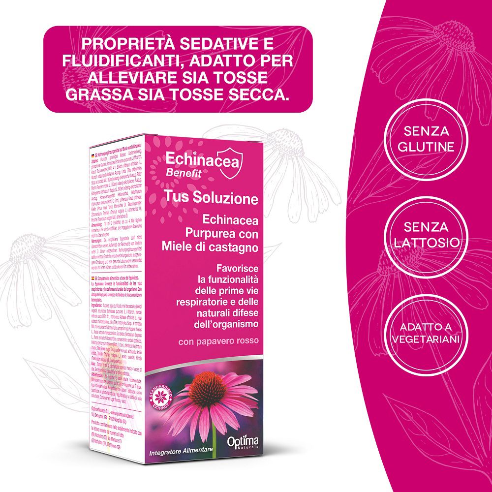Scatola Optima Naturals Echinacea Tus Soluzione con fiore di echinacea e caratteristiche di qualità.