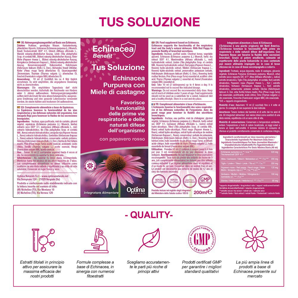 Retro della scatola Optima Naturals Echinacea Tus Soluzione con informazioni sul prodotto e certificazioni.