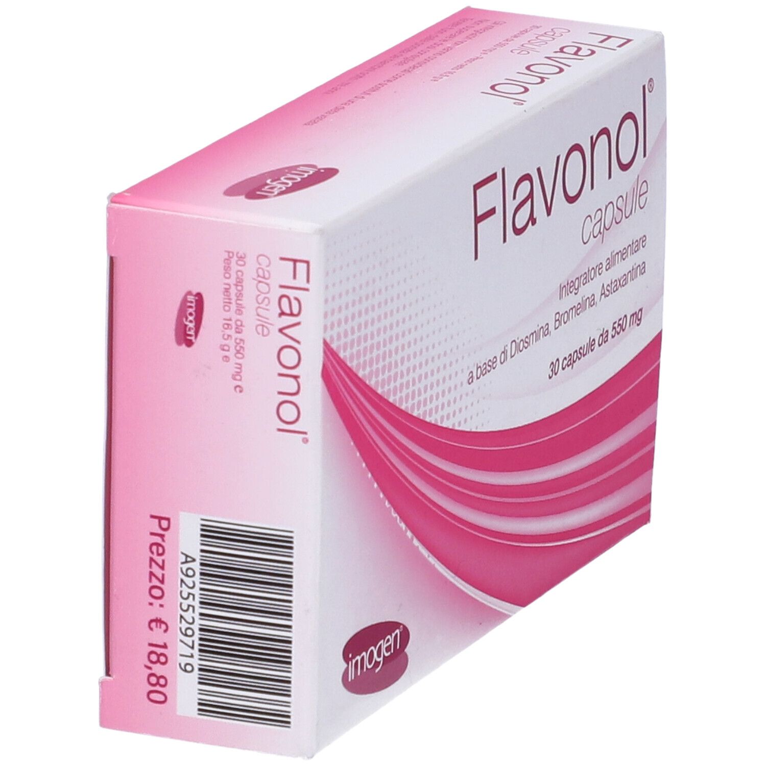 Scatola di capsule Flavonol, angolata. Confezione rosa e bianca con nome e logo del prodotto. Etichetta prezzo.