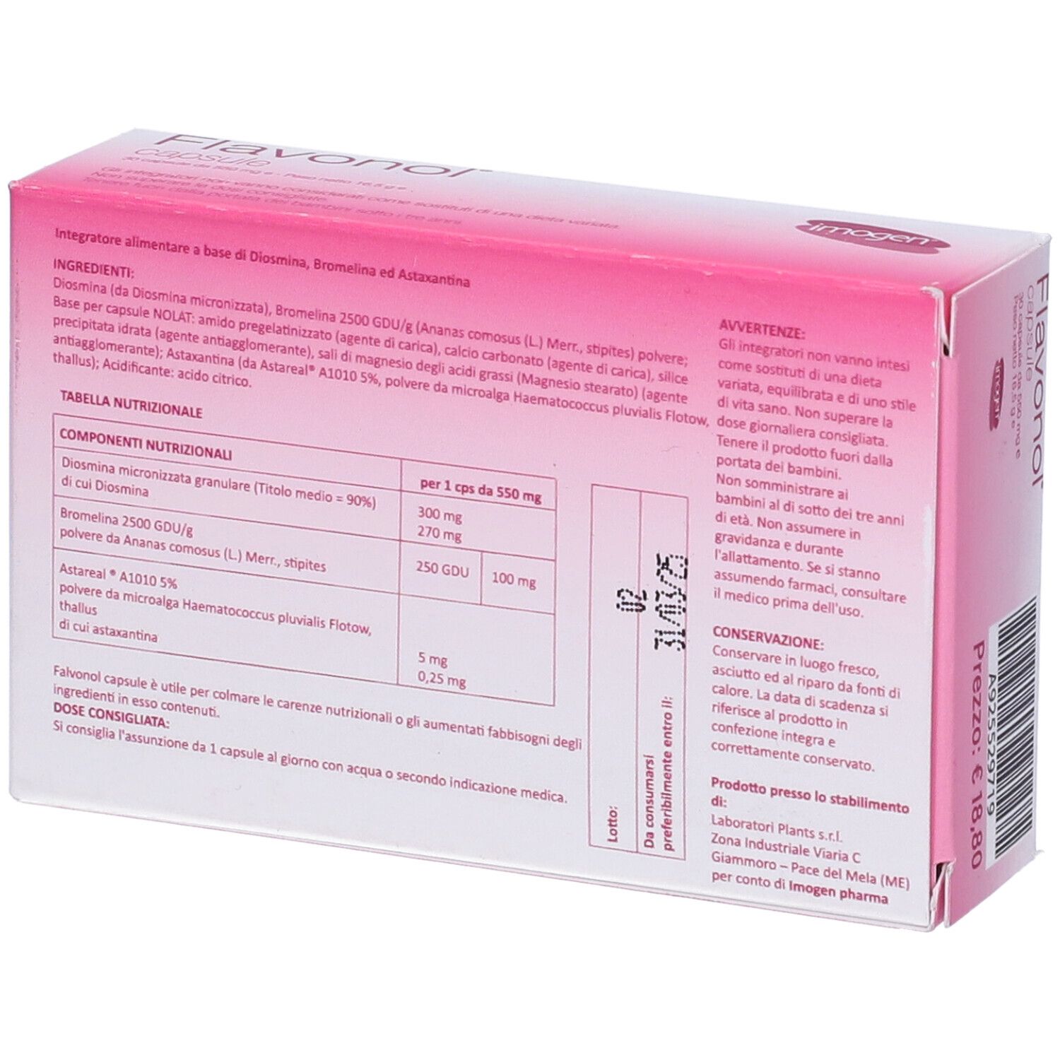 Retro della scatola di capsule Flavonol. Contiene informazioni sugli ingredienti e i valori nutrizionali. Testo in italiano.