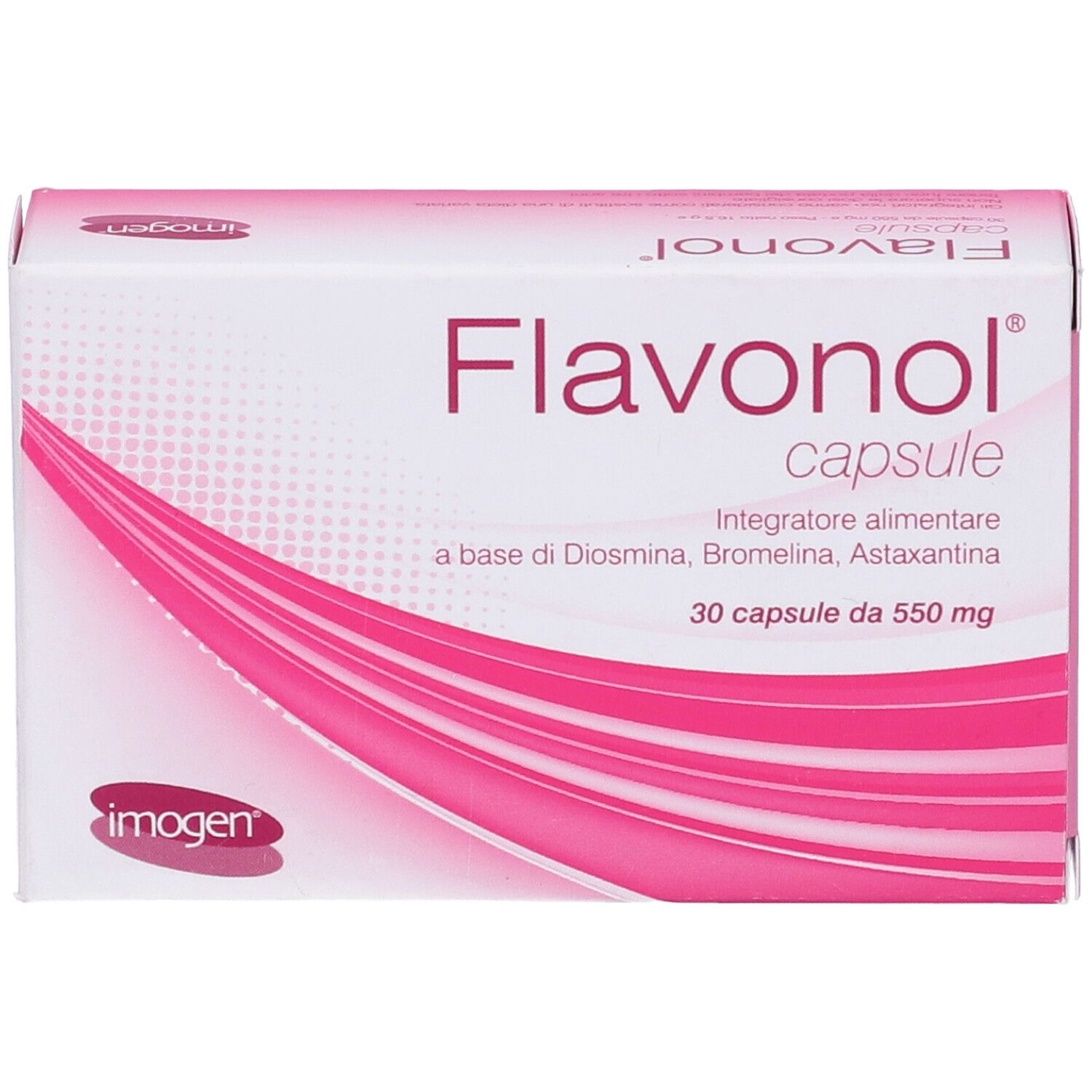 Scatola di capsule Flavonol. Confezione rosa e bianca con nome e logo del prodotto. Contiene 30 capsule.