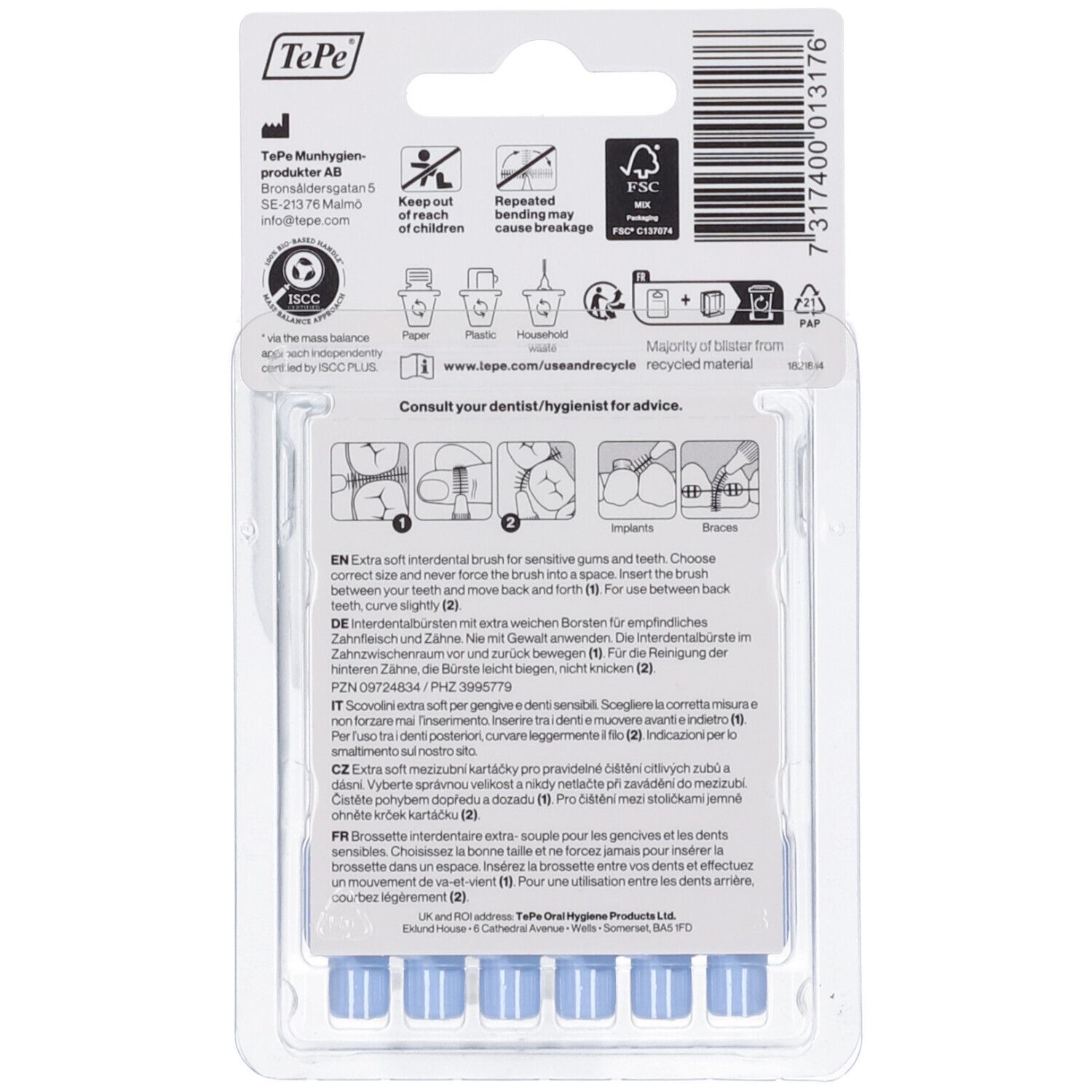 Retro della confezione blister con sei TePe® Scovolino Extra Soft ISO 3 blu chiaro. Informazioni sul prodotto, istruzioni e consigli per il riciclaggio.