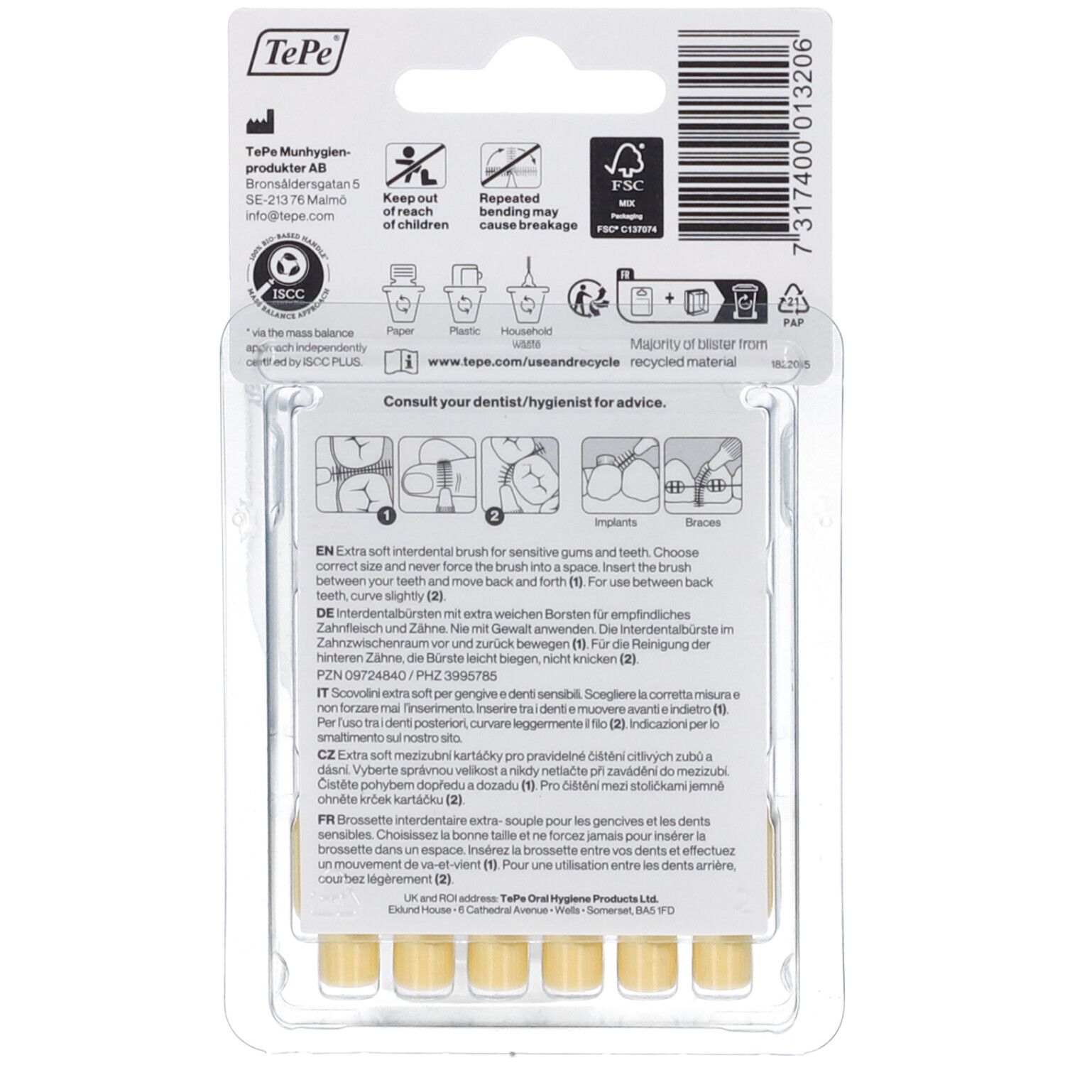 Retro della confezione degli scovolini interdentali TePe. Contiene informazioni sul prodotto, istruzioni per l'uso e consigli per il riciclo.
