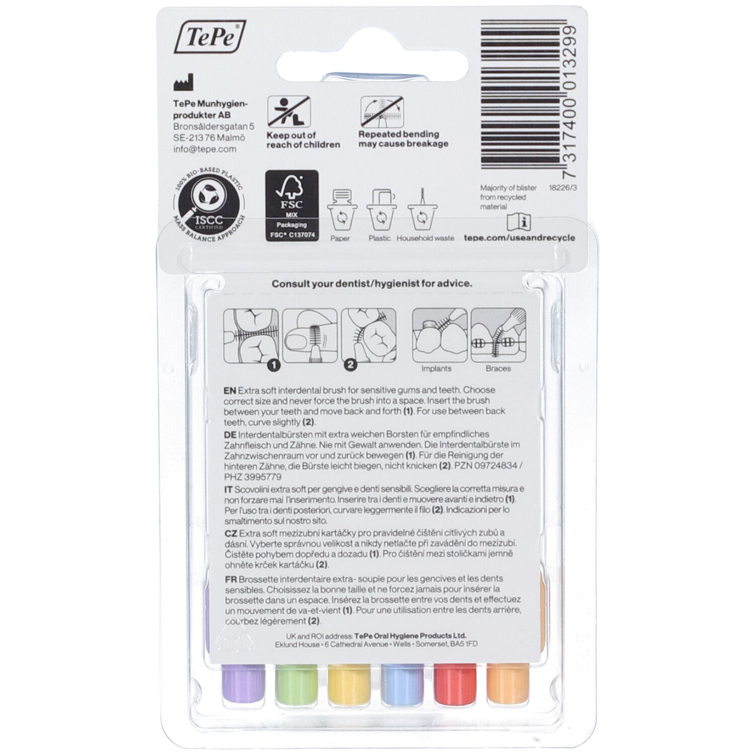 Retro confezione scovolini TePe. Istruzioni per l'uso, certificazione FSC, simboli di riciclo.