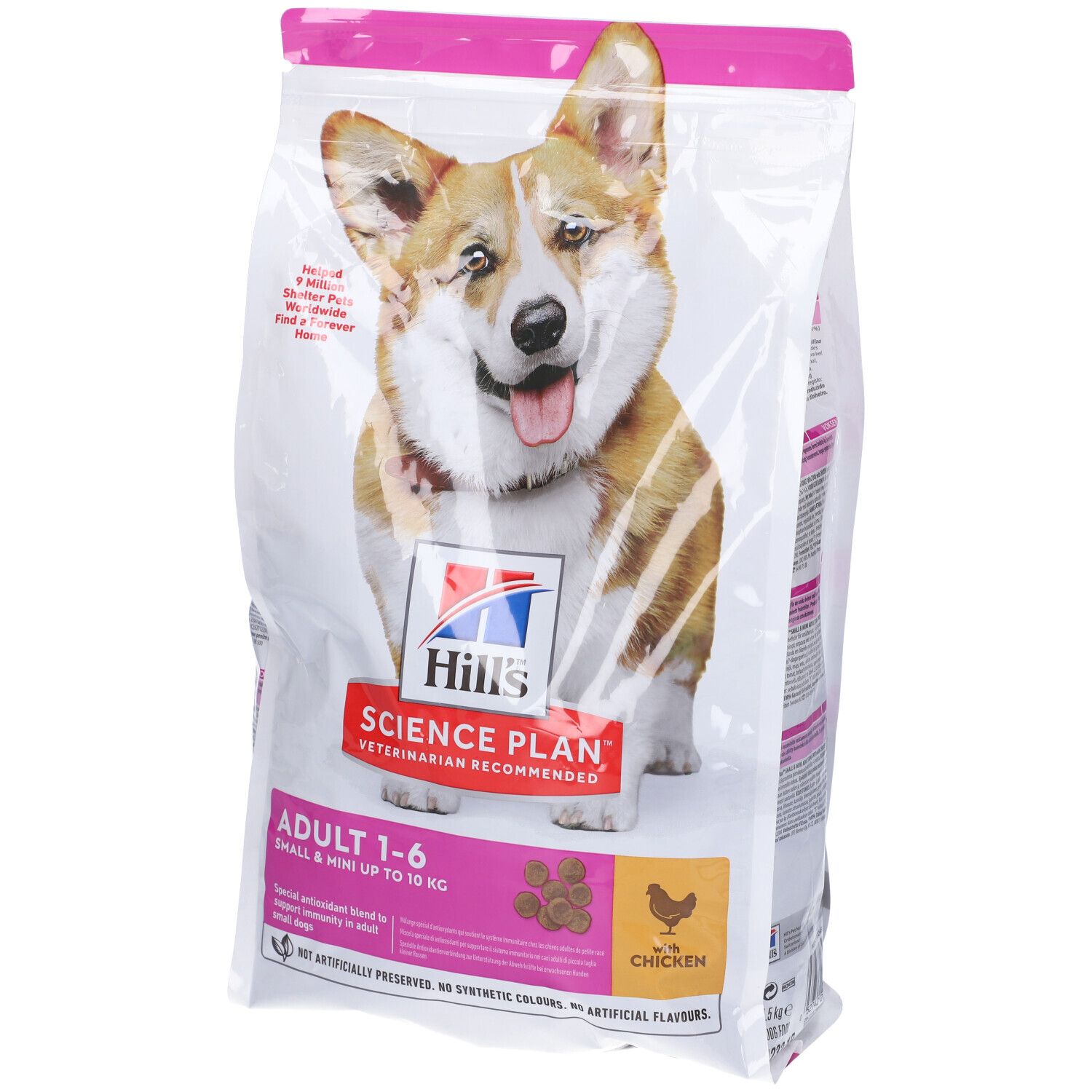 Confezione di cibo per cani con immagine di Corgi. Scritta: Hill's Science Plan, Adult 1-6, Small & Mini fino a 10 kg. Con pollo.