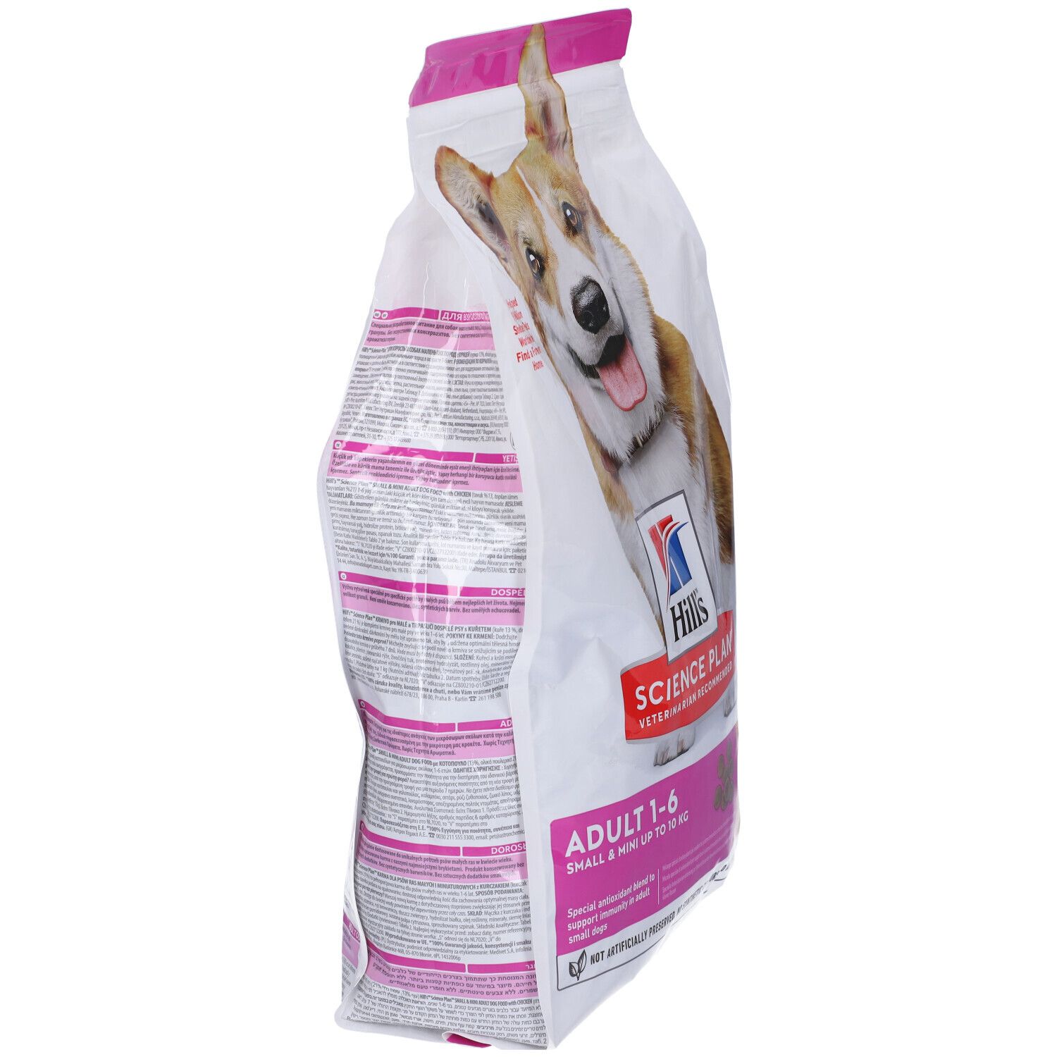 Confezione di cibo per cani, vista laterale. Scritta: Hill's Science Plan, Adult 1-6. Con immagine di Corgi. Confezione rosa e bianca.