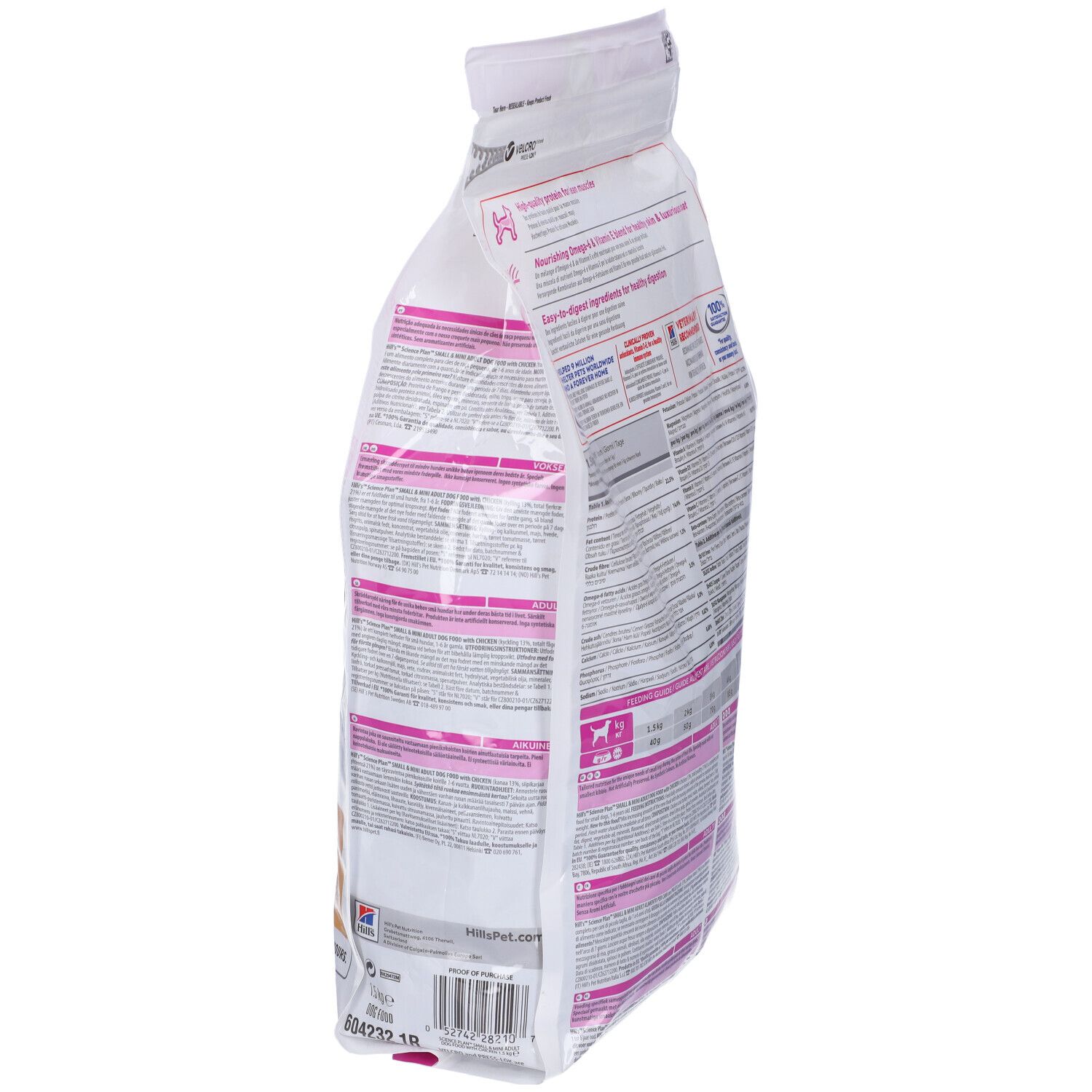 Confezione di cibo per cani, vista laterale. Scritta: Hill's Science Plan. Contiene informazioni sugli ingredienti e il valore nutrizionale.