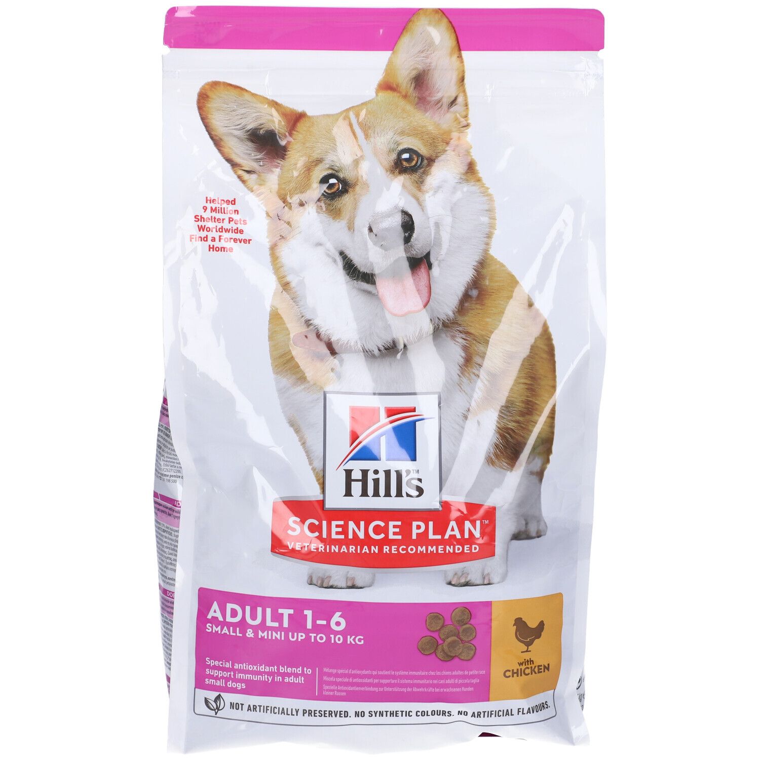 Confezione di cibo per cani con immagine di Corgi. Scritta: Hill's Science Plan, Adult 1-6, Small & Mini fino a 10 kg. Con pollo.