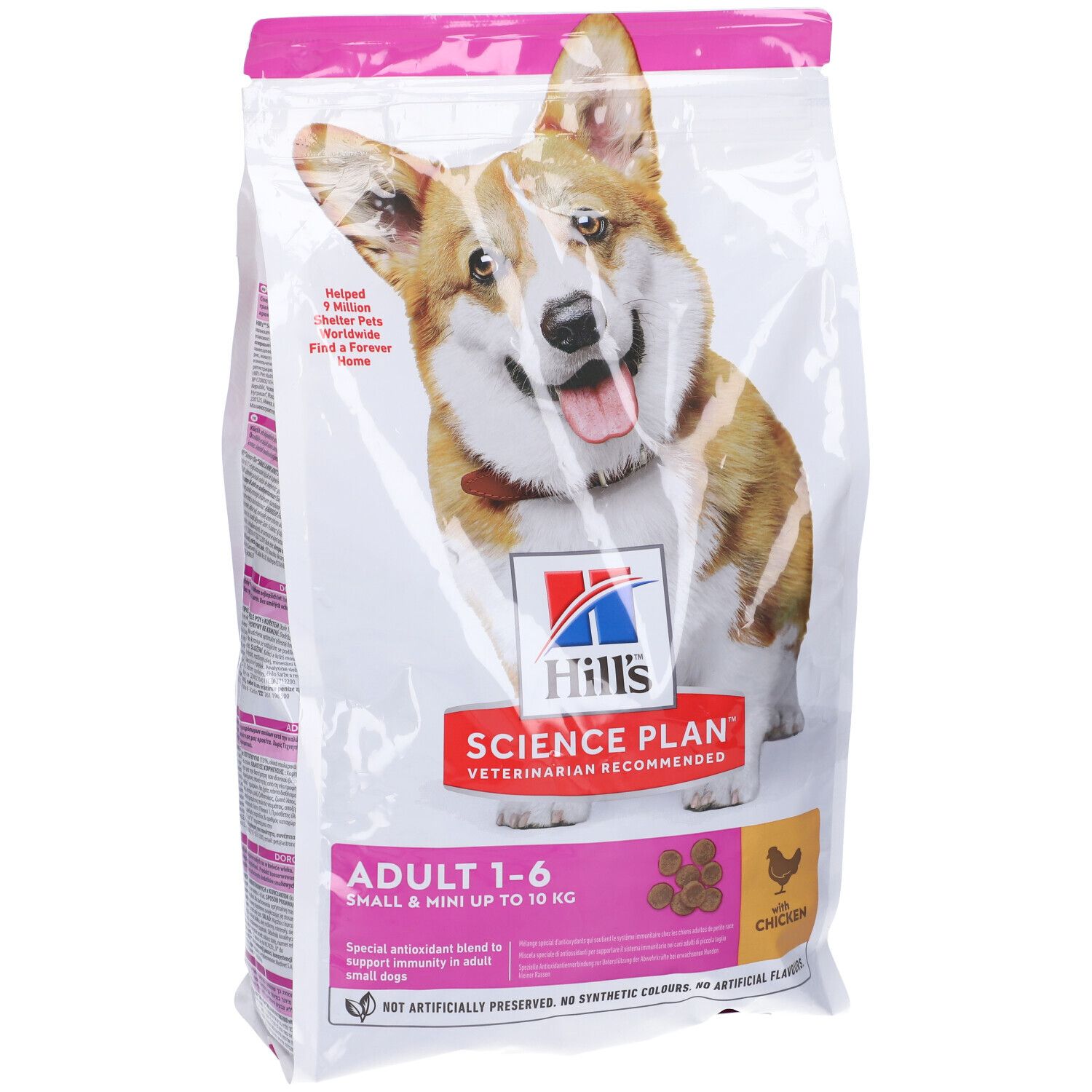 Confezione di cibo per cani con immagine di Corgi. Scritta: Hill's Science Plan, Adult 1-6, Small & Mini fino a 10 kg. Con pollo.