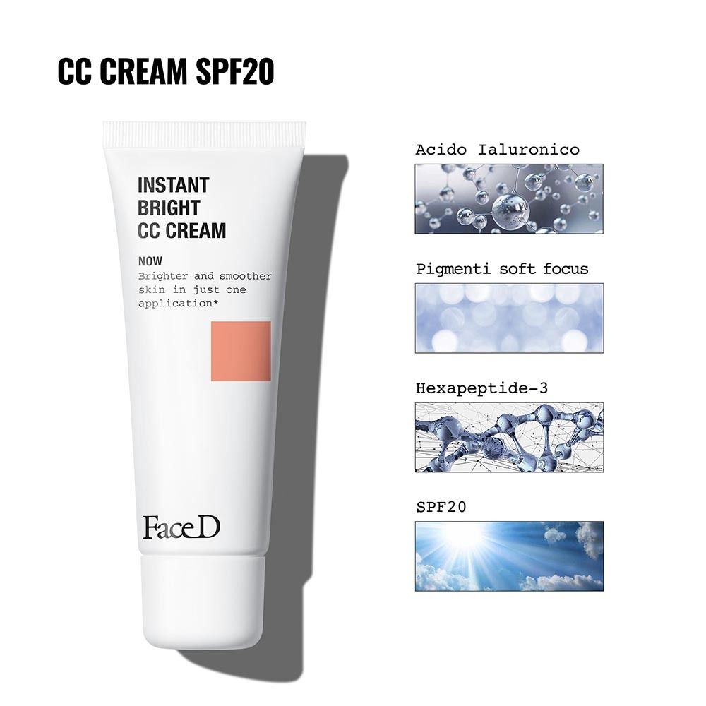 Tubo bianco "CC CREAM SPF20". Ingredienti: Acido Ialuronico, pigmenti, Hexapeptide-3, SPF20.