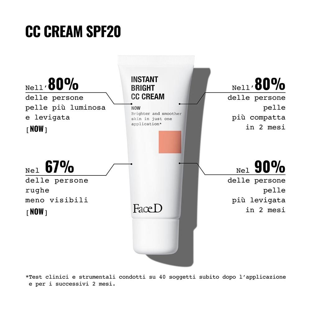 Grafico con risultati CC Cream. 80% pelle più luminosa, 67% meno rughe, 90% pelle più liscia.